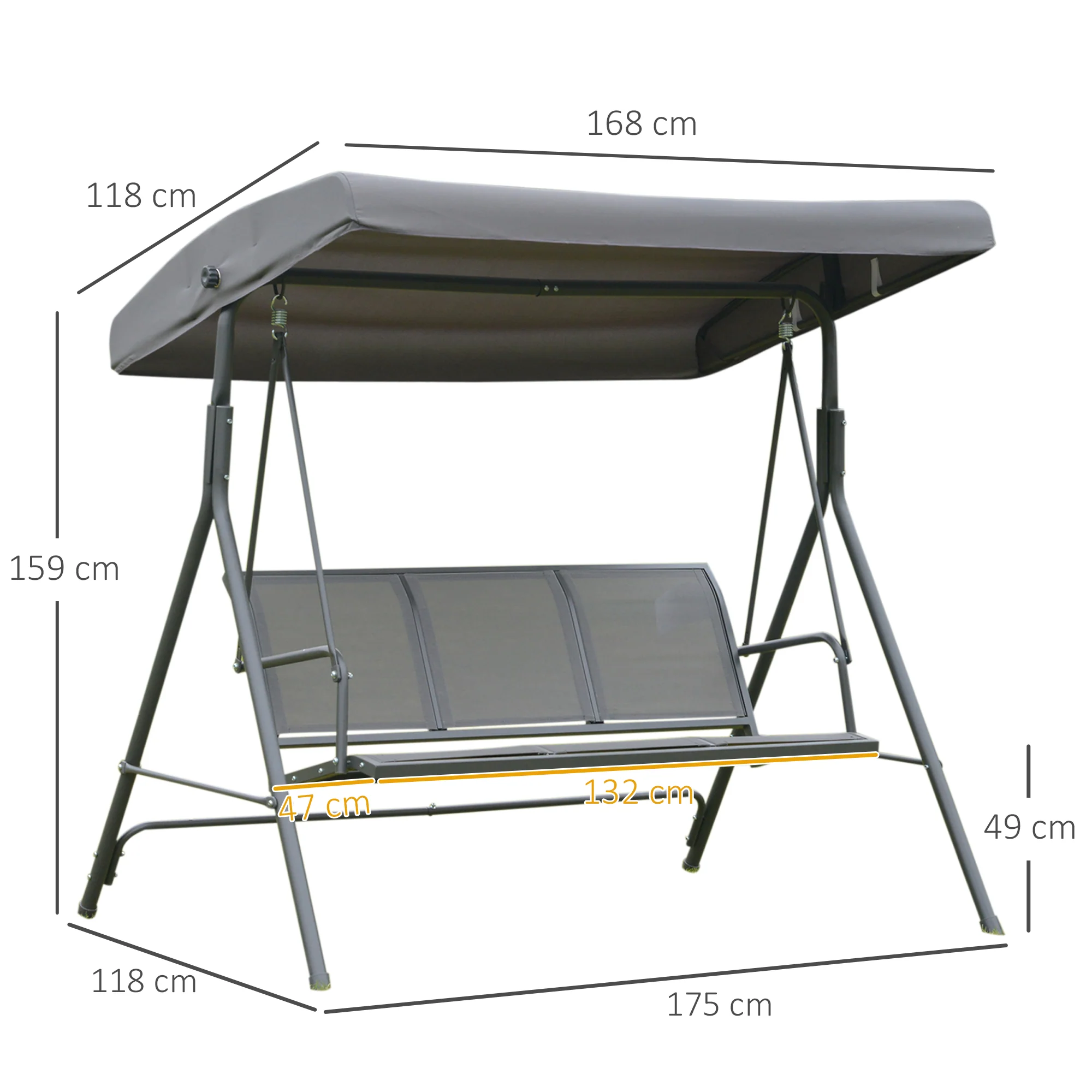 Outsunny Columpio Balancín De Jardín De 3 Plazas Con Techo Ajustable 175x118x159 Cm Gris - Image 3