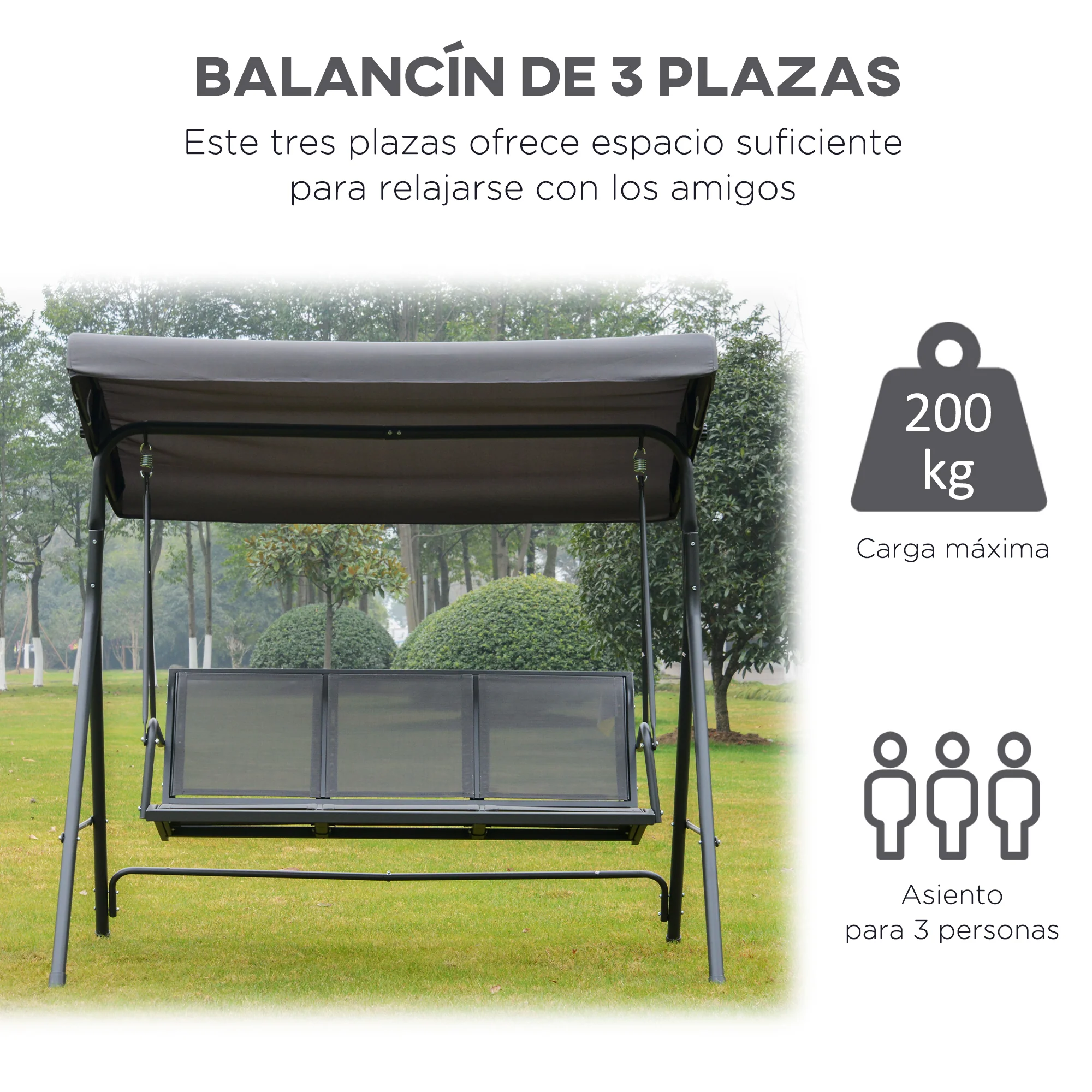 Outsunny Columpio Balancín De Jardín De 3 Plazas Con Techo Ajustable 175x118x159 Cm Gris - Image 6