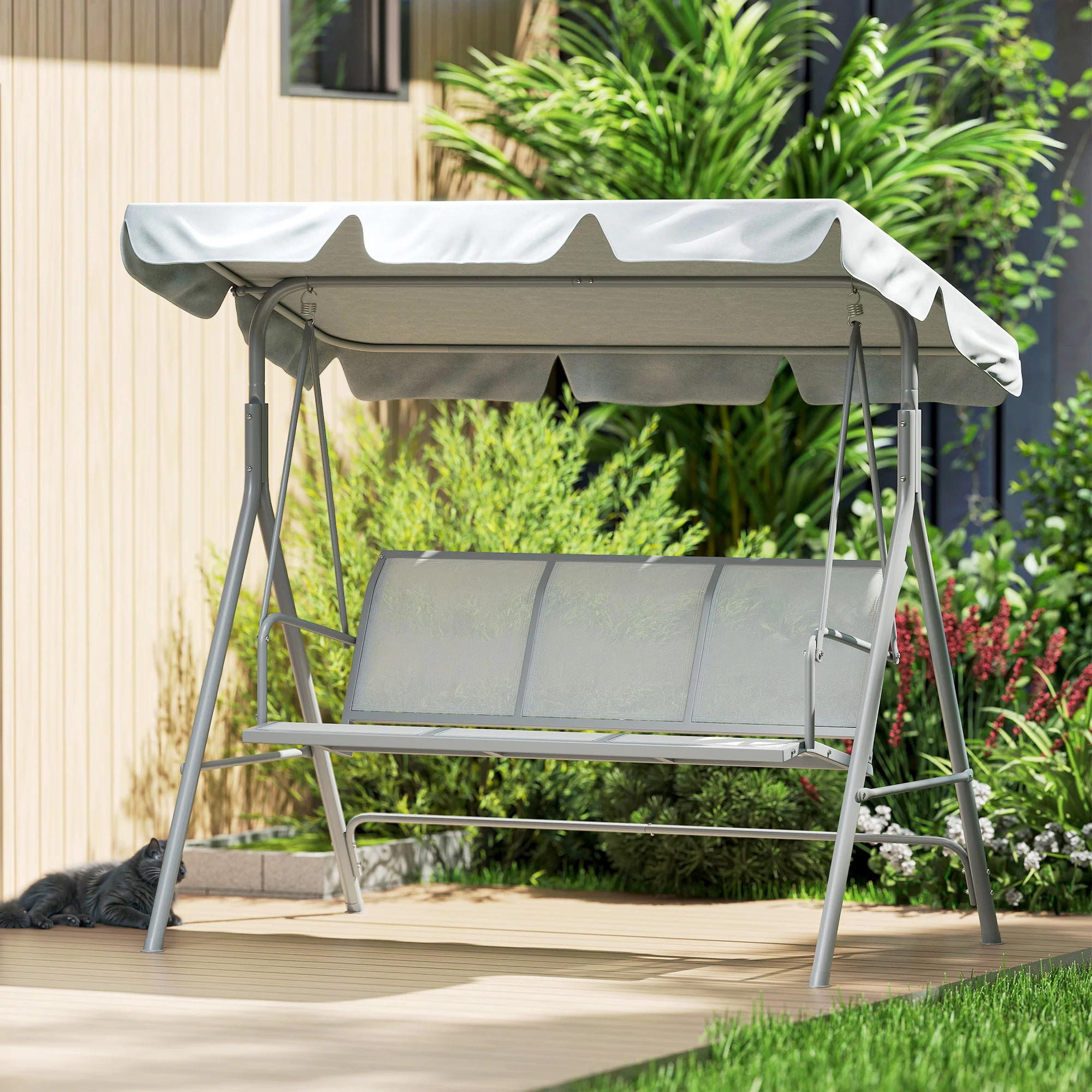 Outsunny Columpio Balancín Jardín De 3 Plazas Con Toldo Ajustable Terraza Gris - Image 4