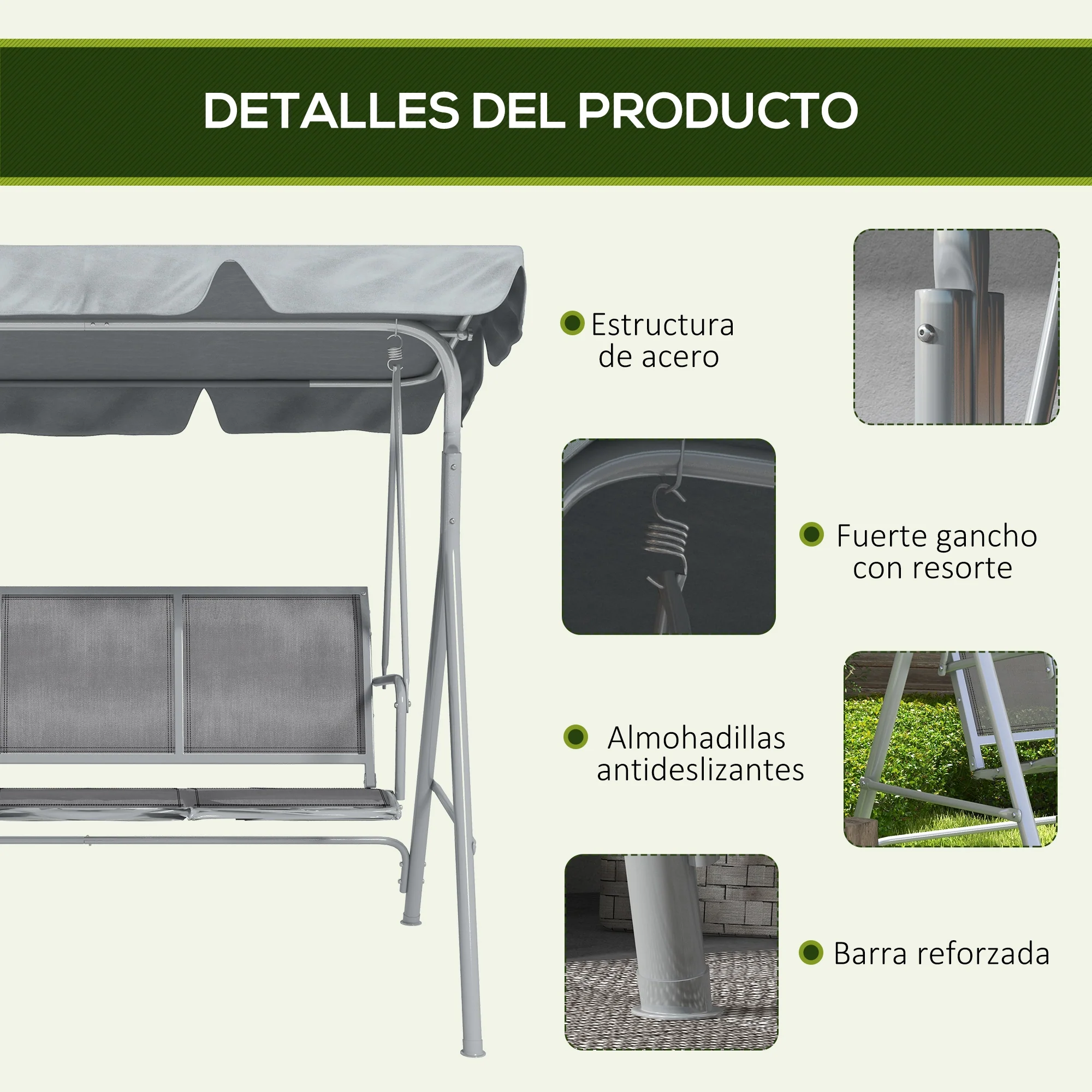 Outsunny Columpio Balancín Jardín De 3 Plazas Con Toldo Ajustable Terraza Gris - Image 6