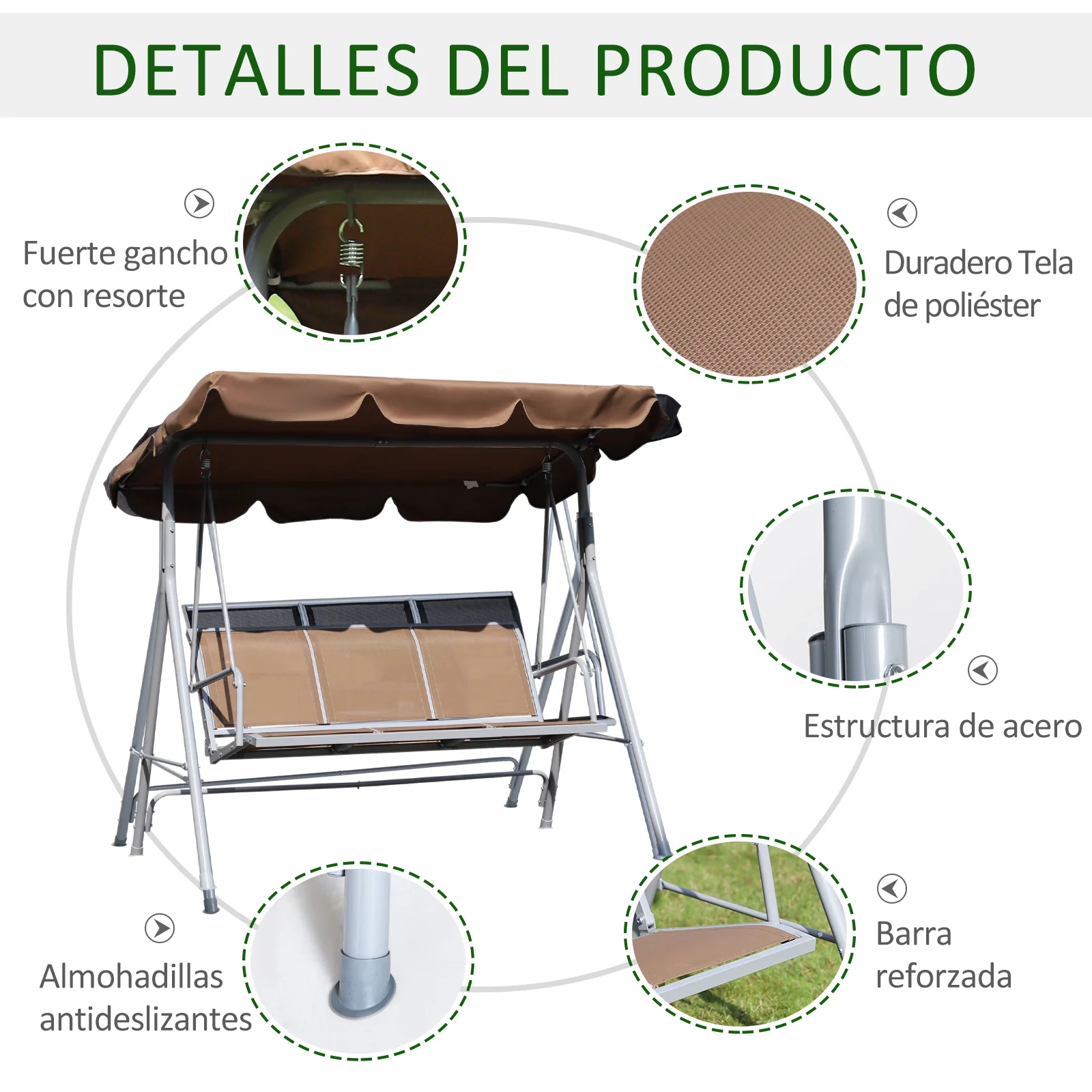 Outsunny Columpio Balancín Jardín De 3 Plazas Con Toldo Ajustable Terraza Marrón - Image 6