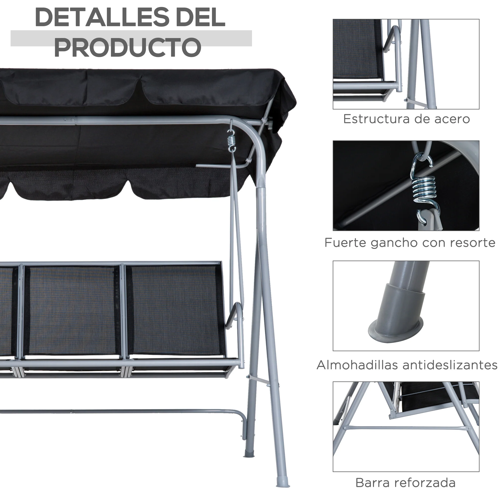 Outsunny Columpio Balancín Jardín De 3 Plazas Con Toldo Ajustable Terraza Negro - Image 6