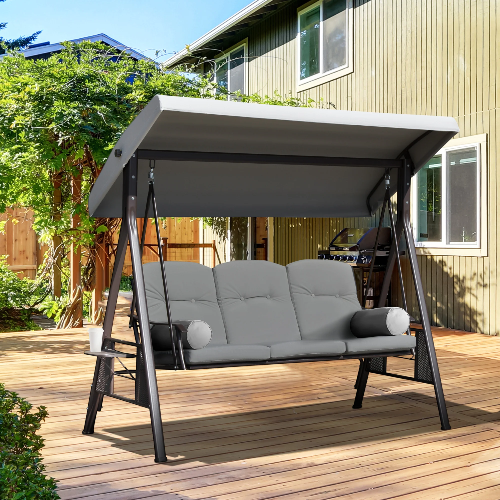 Outsunny Columpio De Jardín 3 Plazas Techo 2 Cojines 116x206x183cm Gris - Image 2