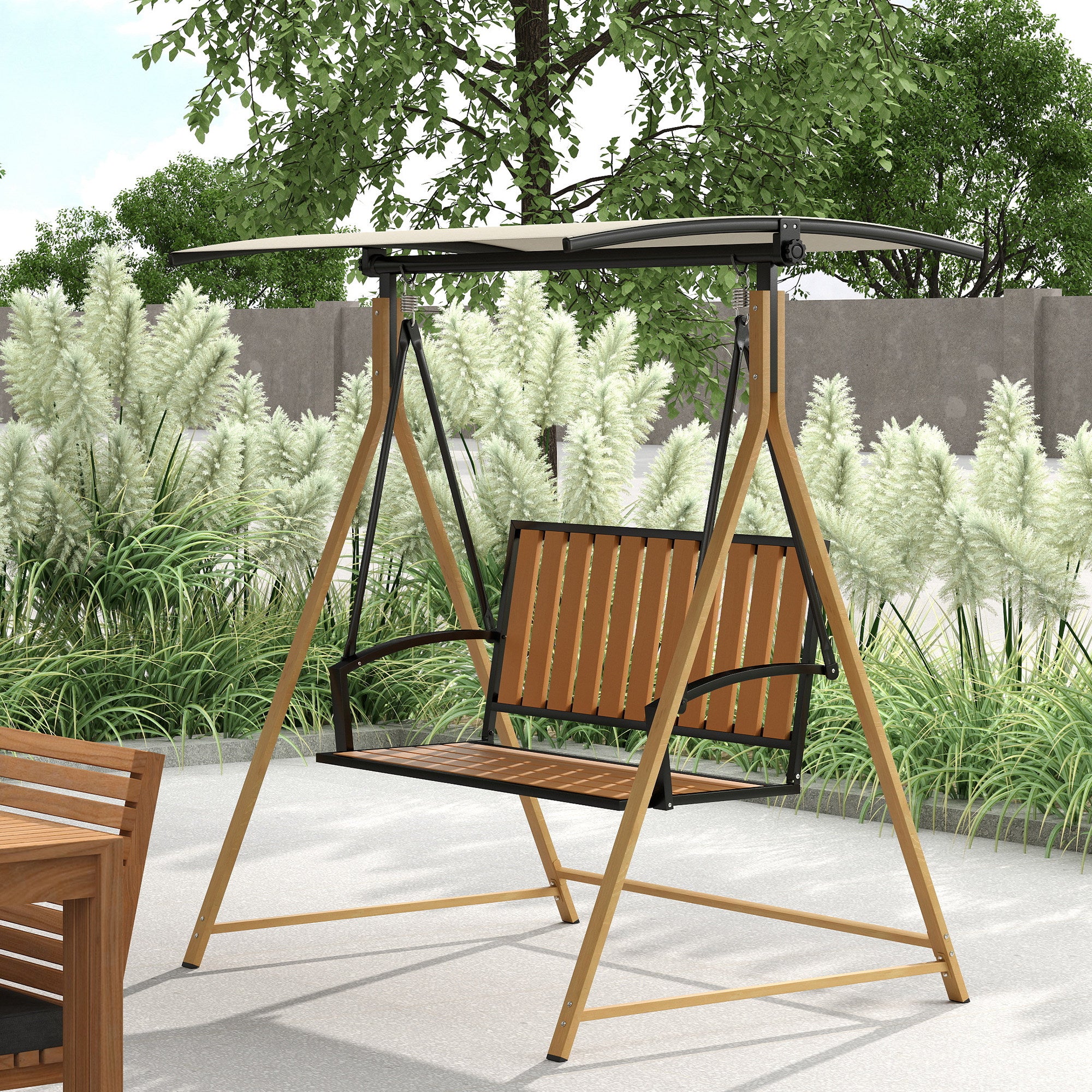 Outsunny Columpio De Jardín De 2 Plazas Con Toldo Ajustable Natural Y Beige - Image 2