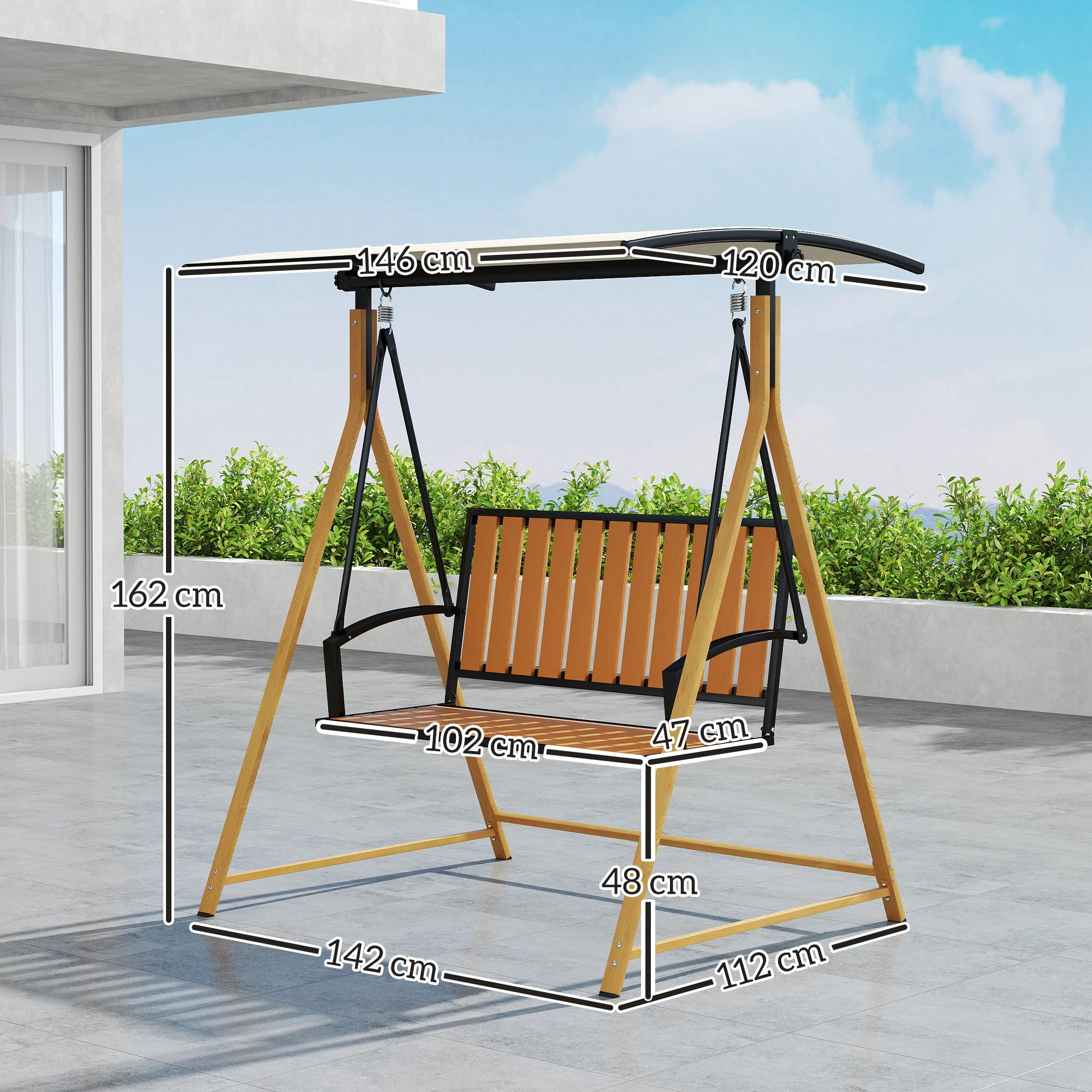 Outsunny Columpio De Jardín De 2 Plazas Con Toldo Ajustable Natural Y Beige - Image 3