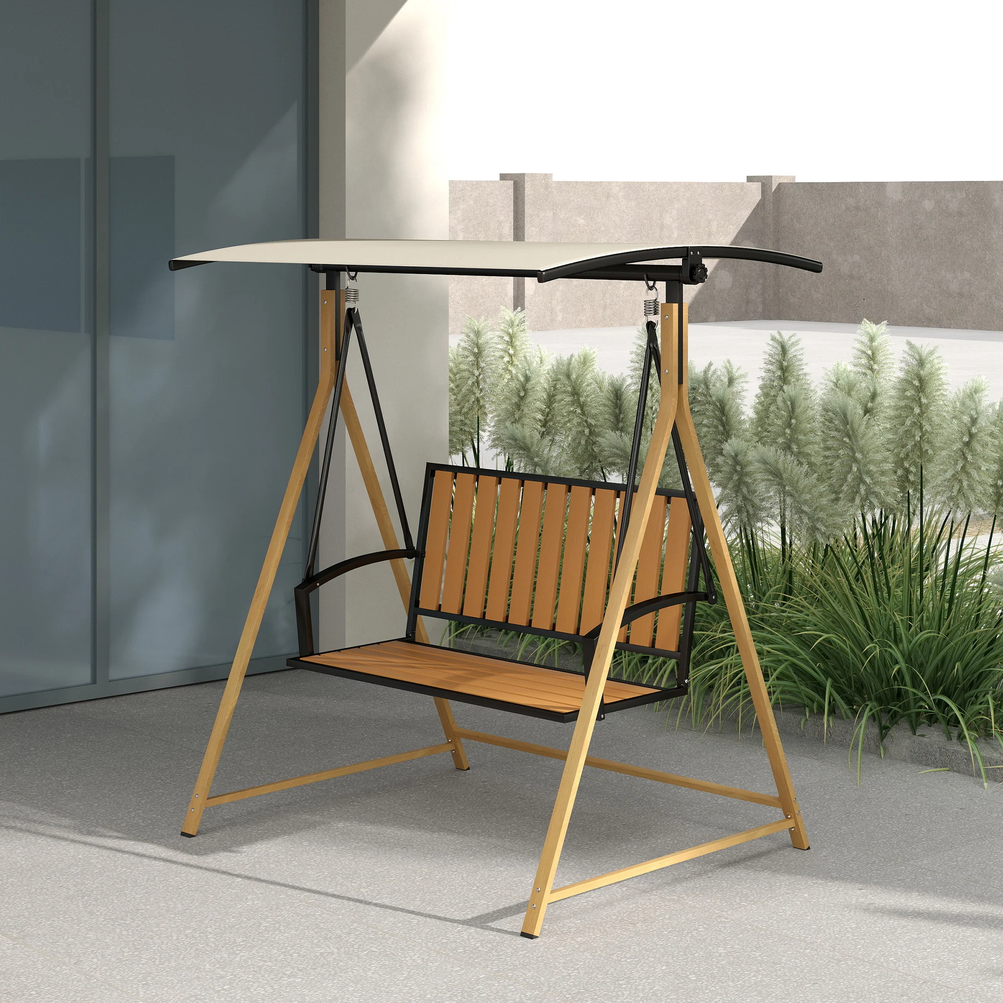Outsunny Columpio De Jardín De 2 Plazas Con Toldo Ajustable Natural Y Beige - Image 6