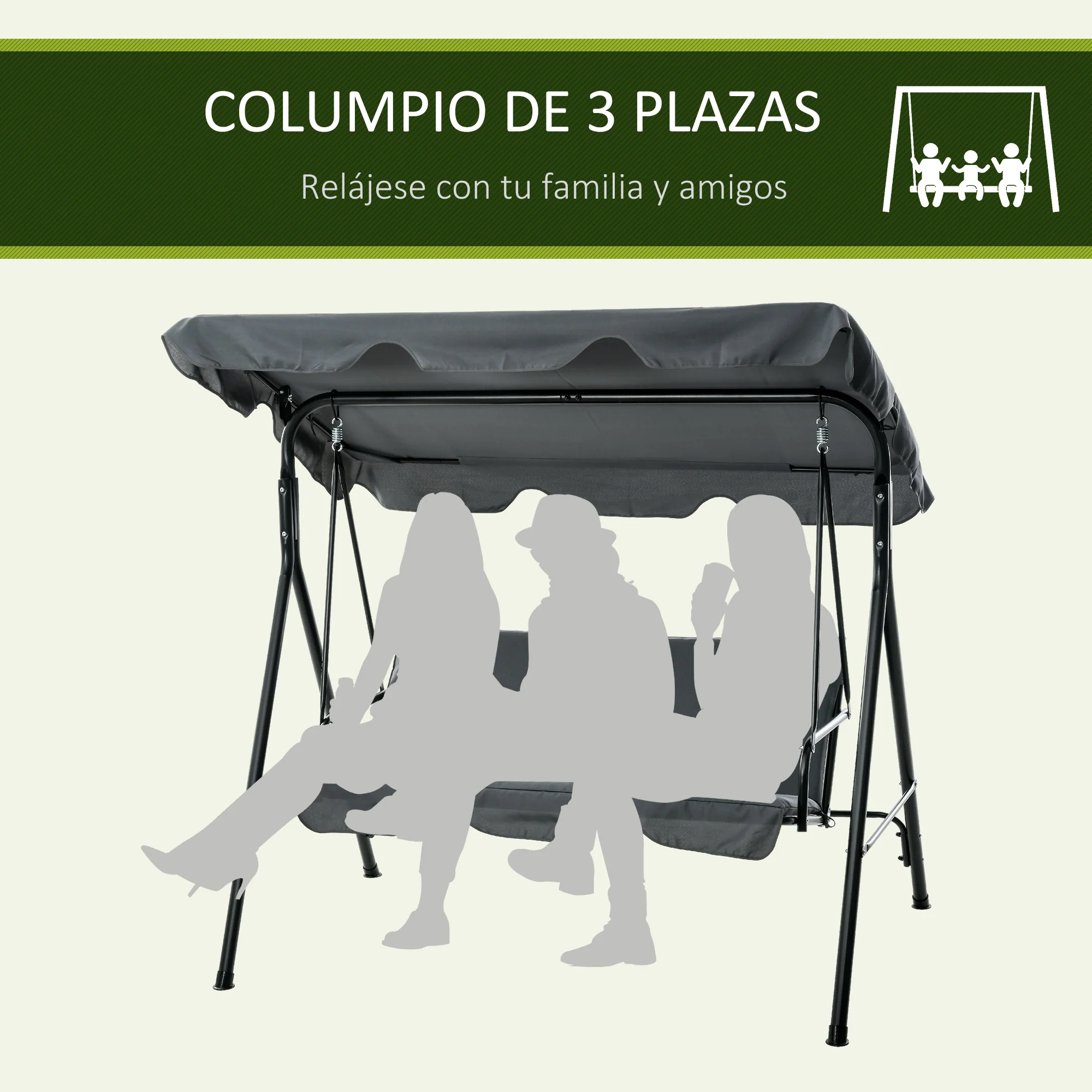 Outsunny Columpio De Jardín De 3 Plazas Con Techo Ajustable 172x110x153cm Gris - Image 6