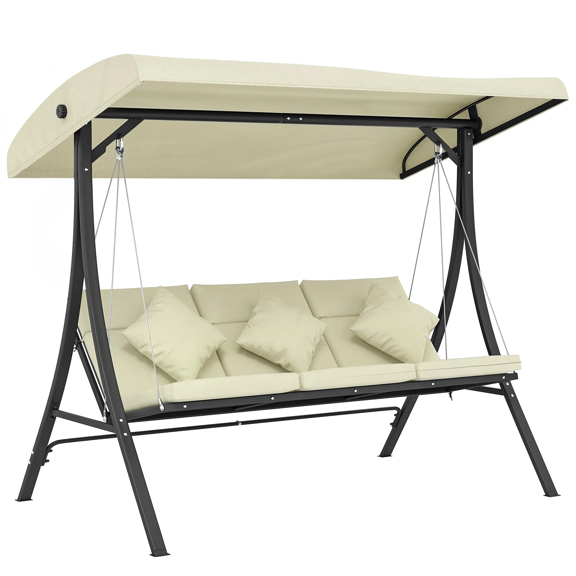 Outsunny Columpio De Jardín De 3 Plazas Con Techo Ajustable 202x115x168 Cm Beige