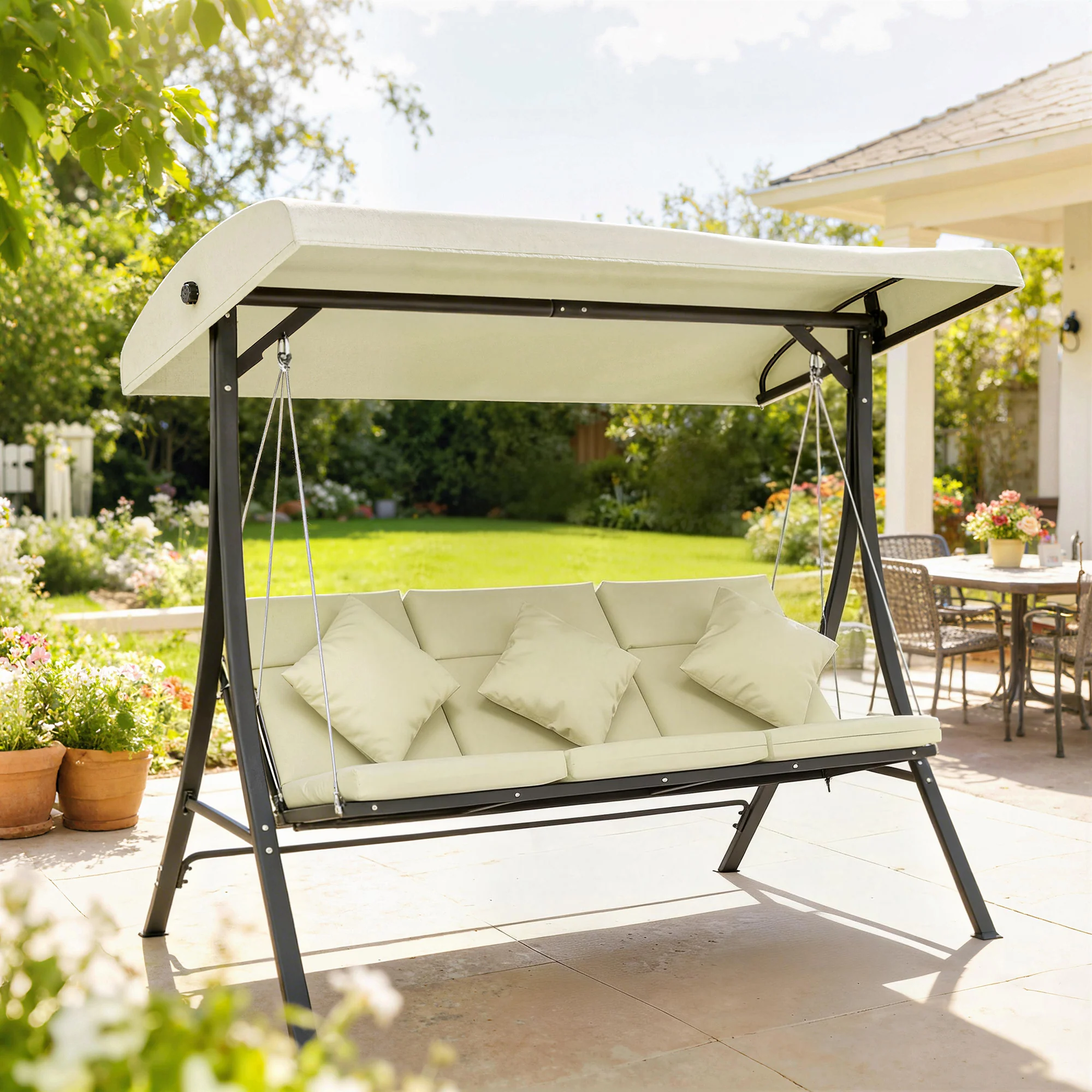 Outsunny Columpio De Jardín De 3 Plazas Con Techo Ajustable 202x115x168 Cm Beige - Image 2