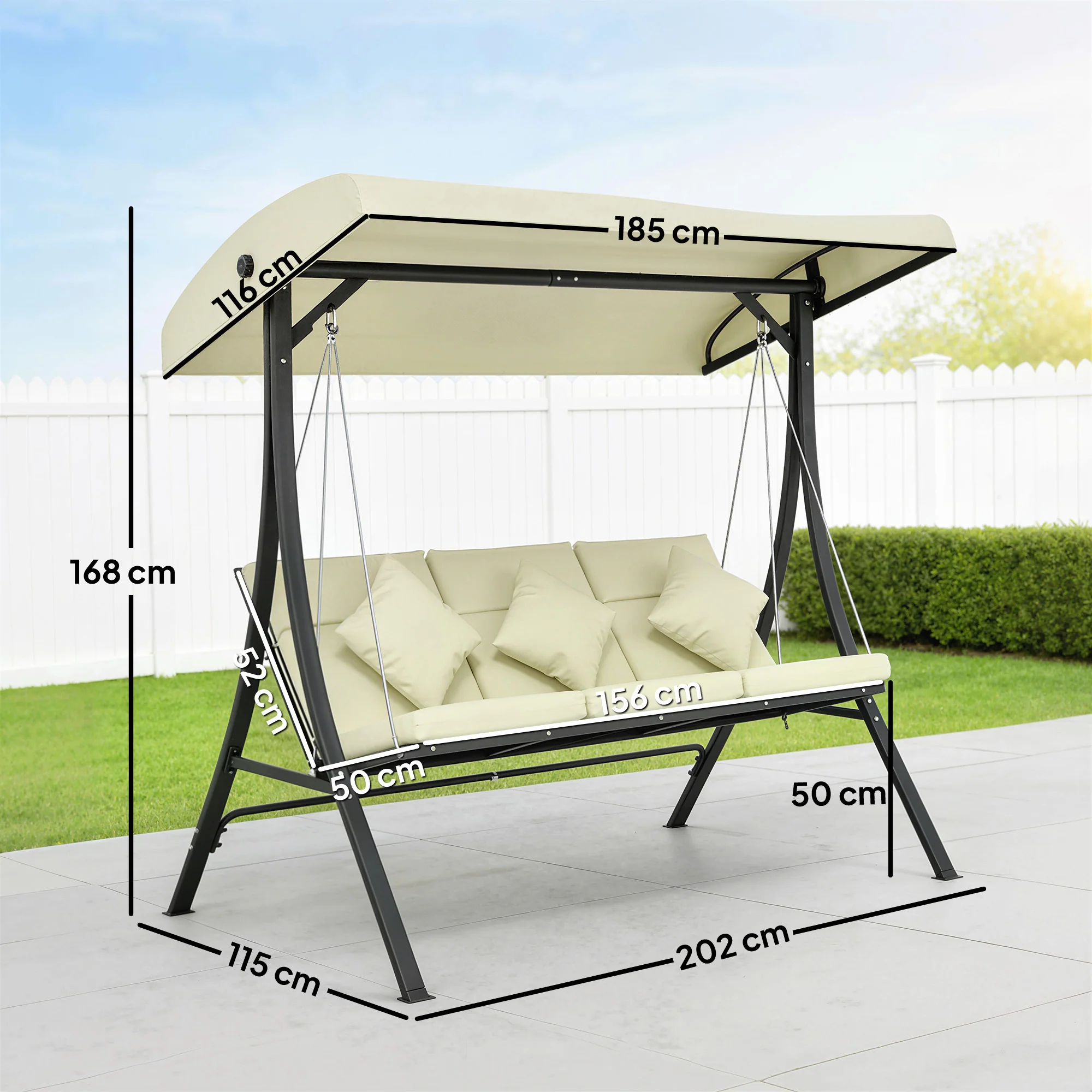 Outsunny Columpio De Jardín De 3 Plazas Con Techo Ajustable 202x115x168 Cm Beige - Image 3