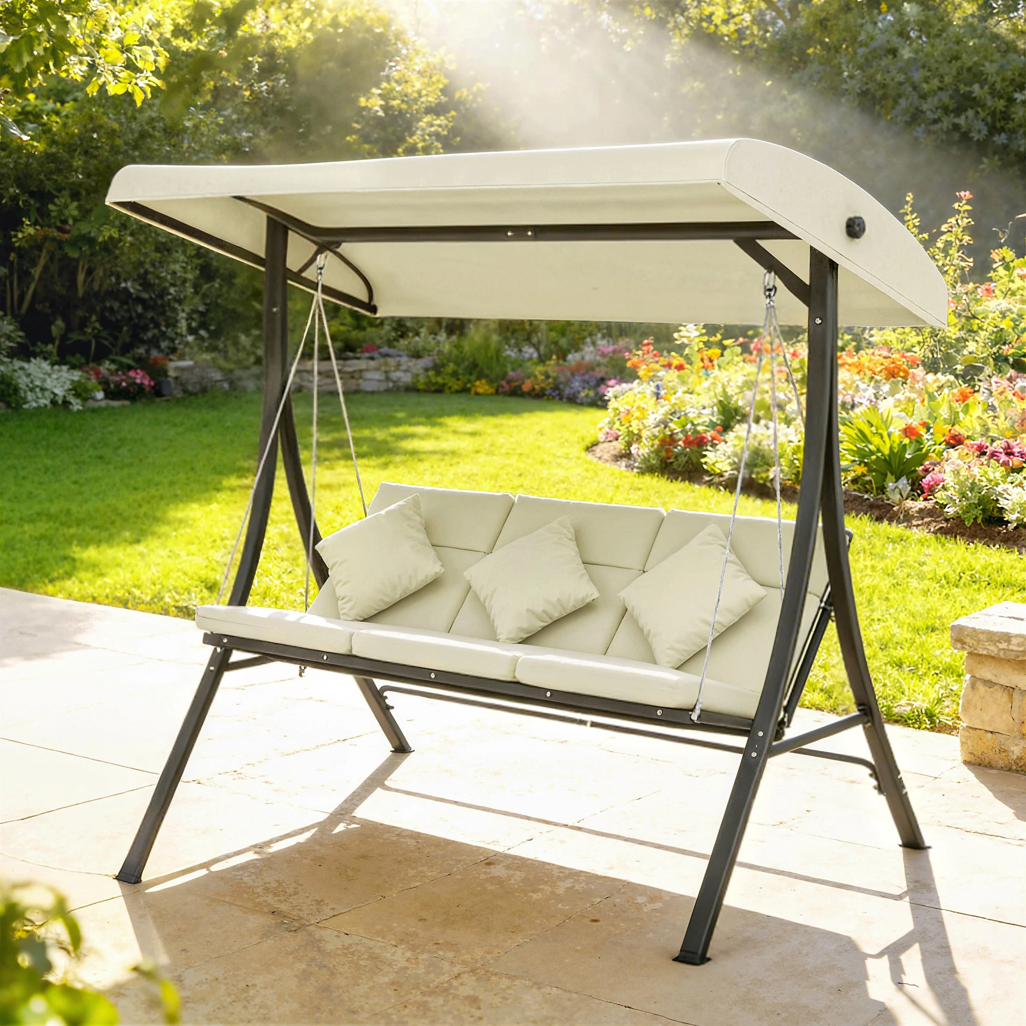 Outsunny Columpio De Jardín De 3 Plazas Con Techo Ajustable 202x115x168 Cm Beige - Image 4