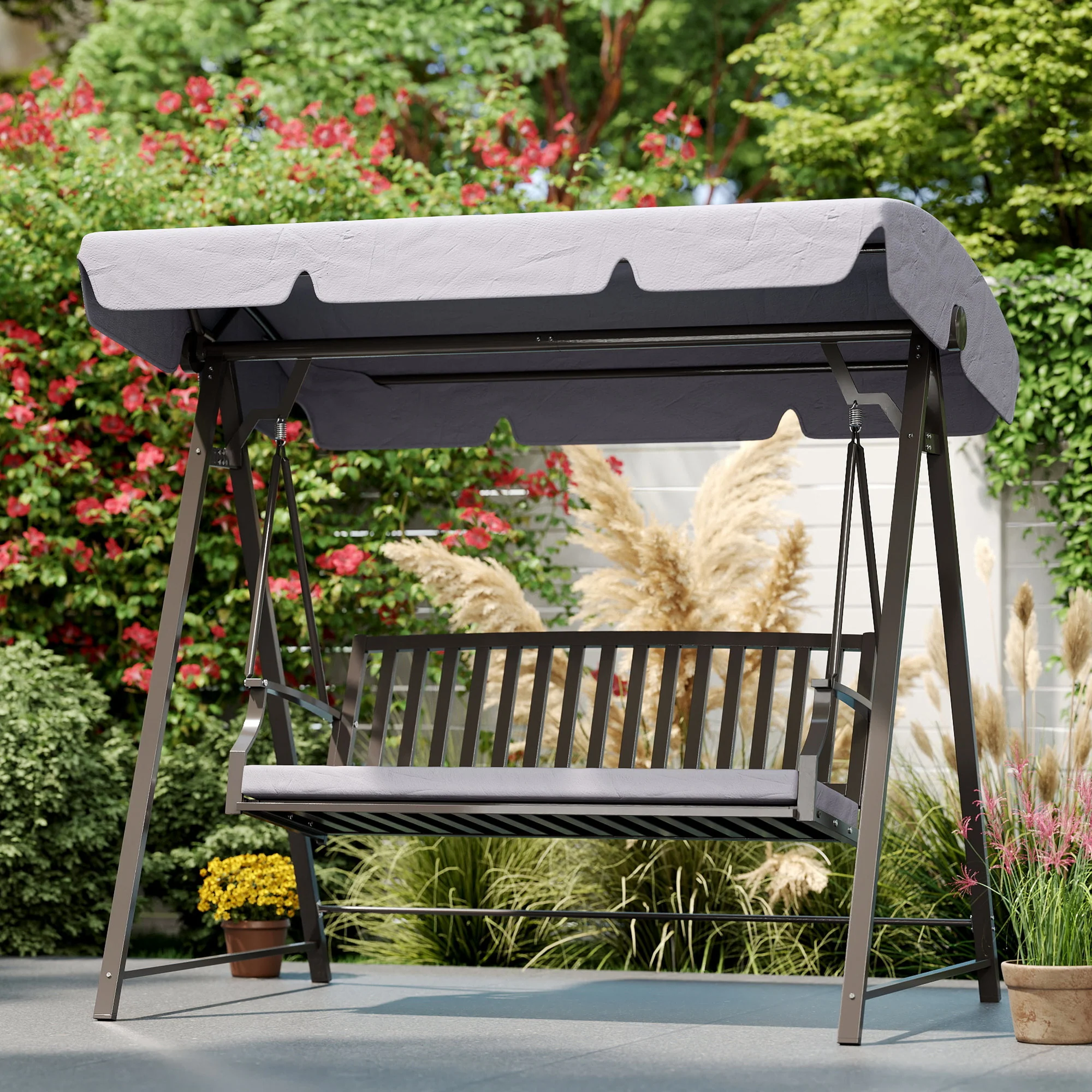 Outsunny Columpio De Jardín De 3 Plazas Con Toldo Ajustable Y Cojín Gris - Image 2