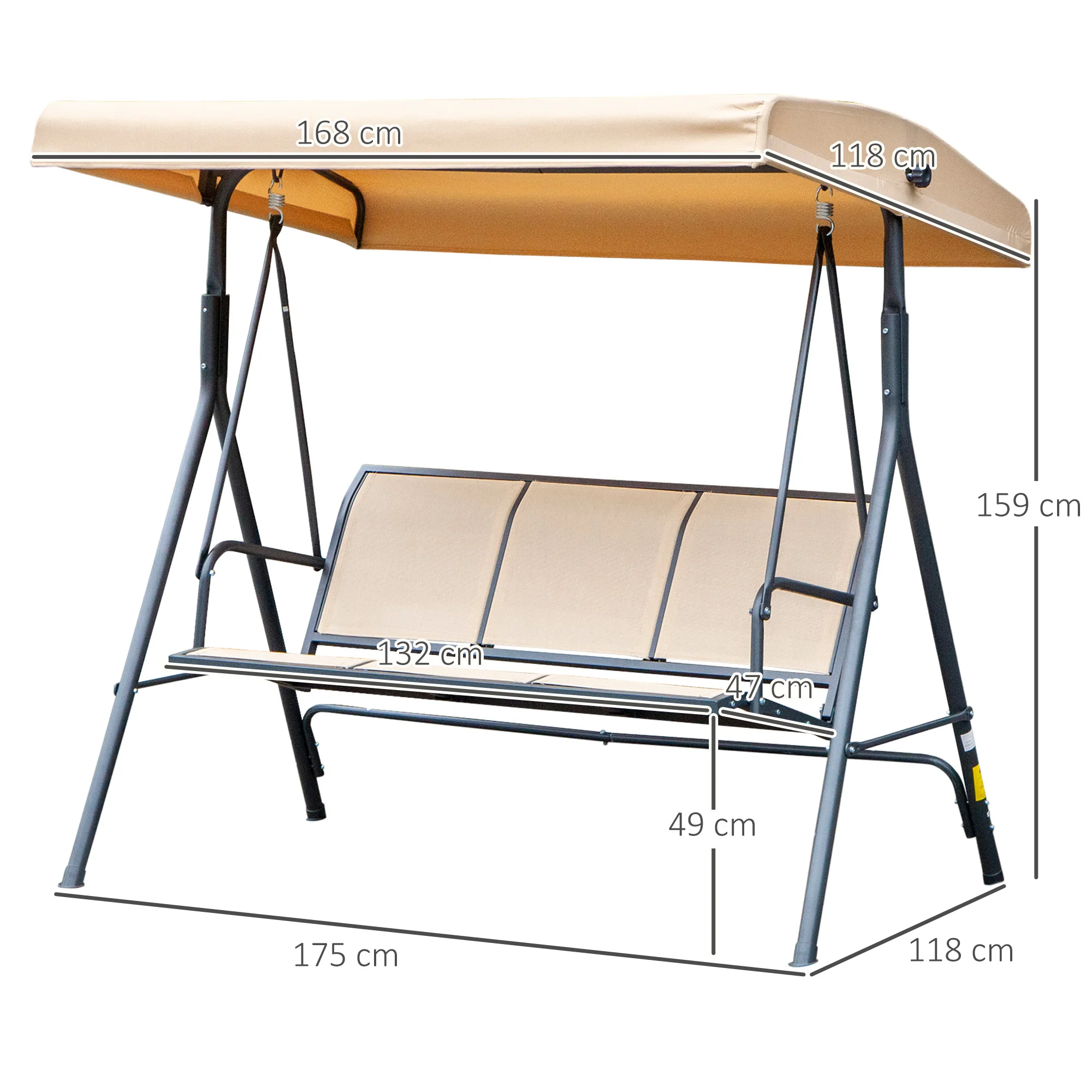 Outsunny Columpio De Jardín De 3 Plazas Techo Ajustable 175x118x159 Cm Beige - Image 3