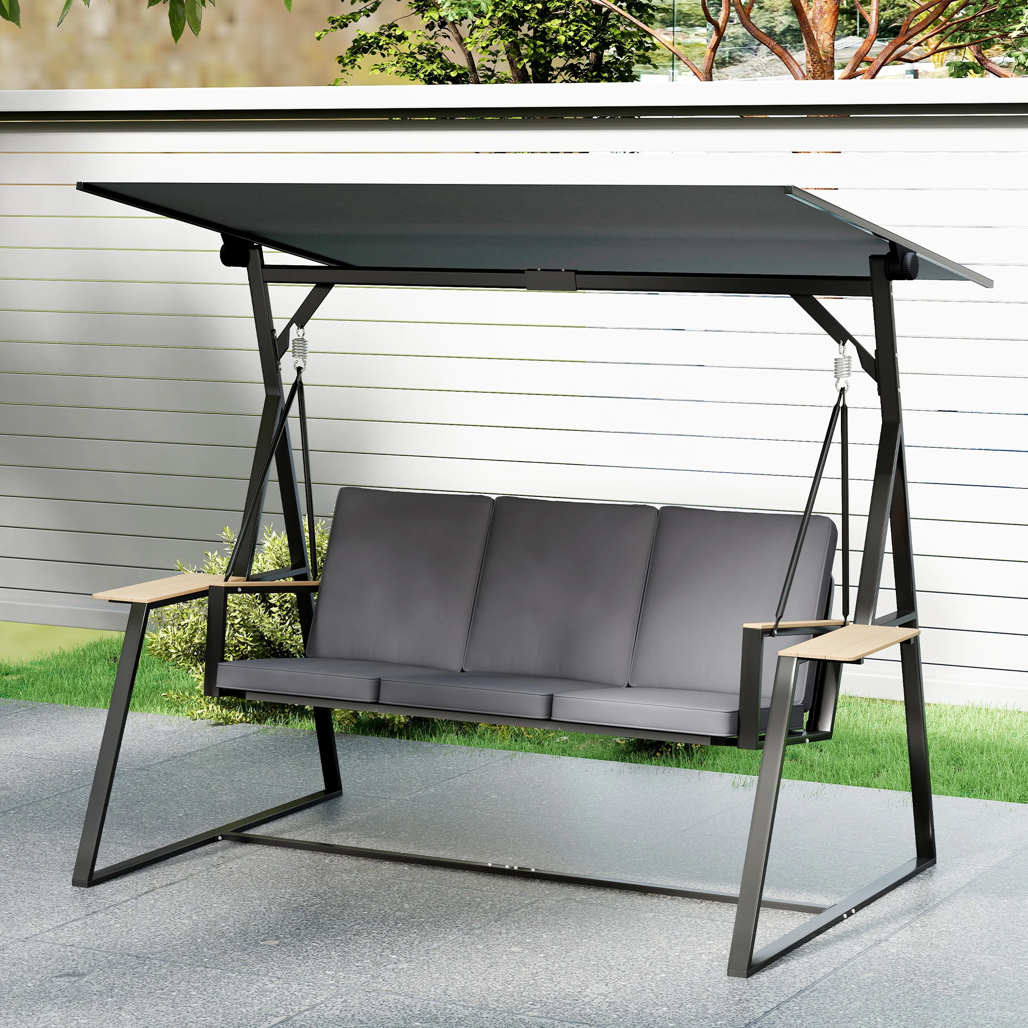 Outsunny Columpio De Jardín Exterior De 3 Plazas Con Techo Ajustable 2 Bandejas - Image 5