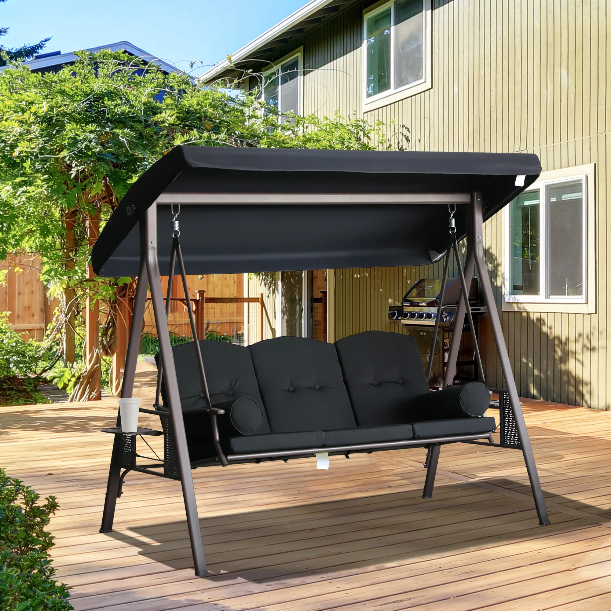 Outsunny Columpio De Jardín Exterior De 3 Plazas Con Toldo Ajustable Negro - Image 2