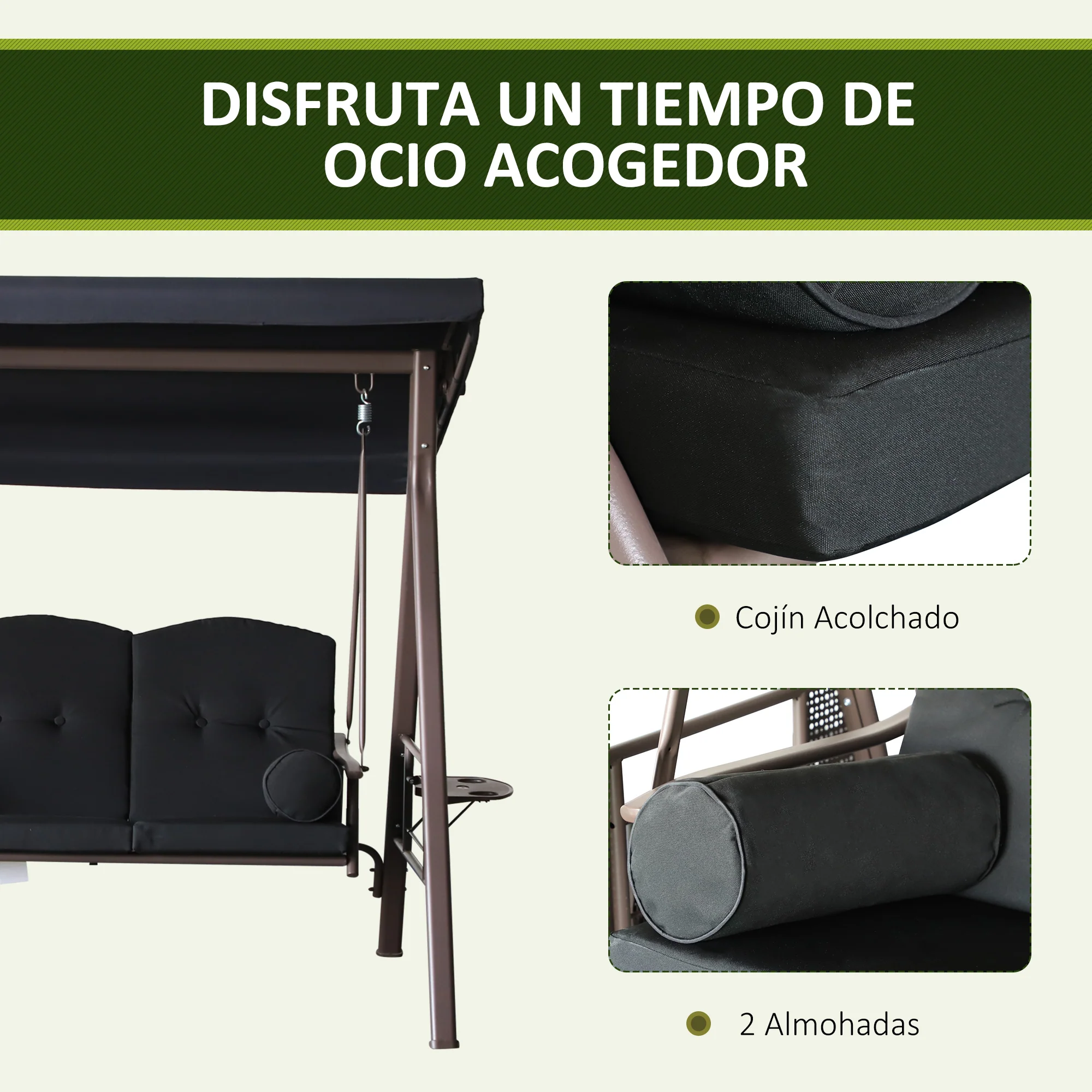 Outsunny Columpio De Jardín Exterior De 3 Plazas Con Toldo Ajustable Negro - Image 6