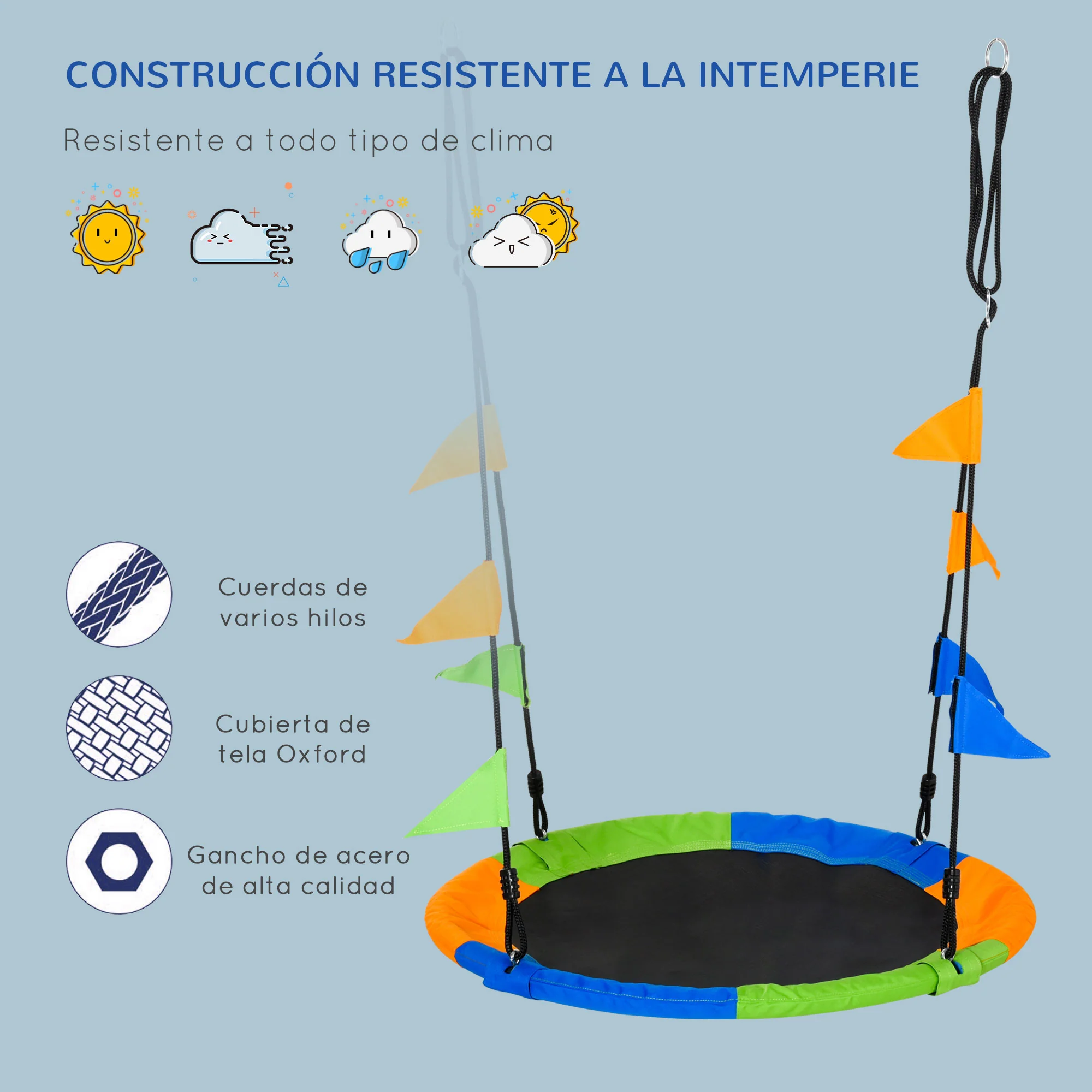 Outsunny Columpio De Jardín Nido Ajustable Con Cuerdas Y Banderas Para Niños - Image 6