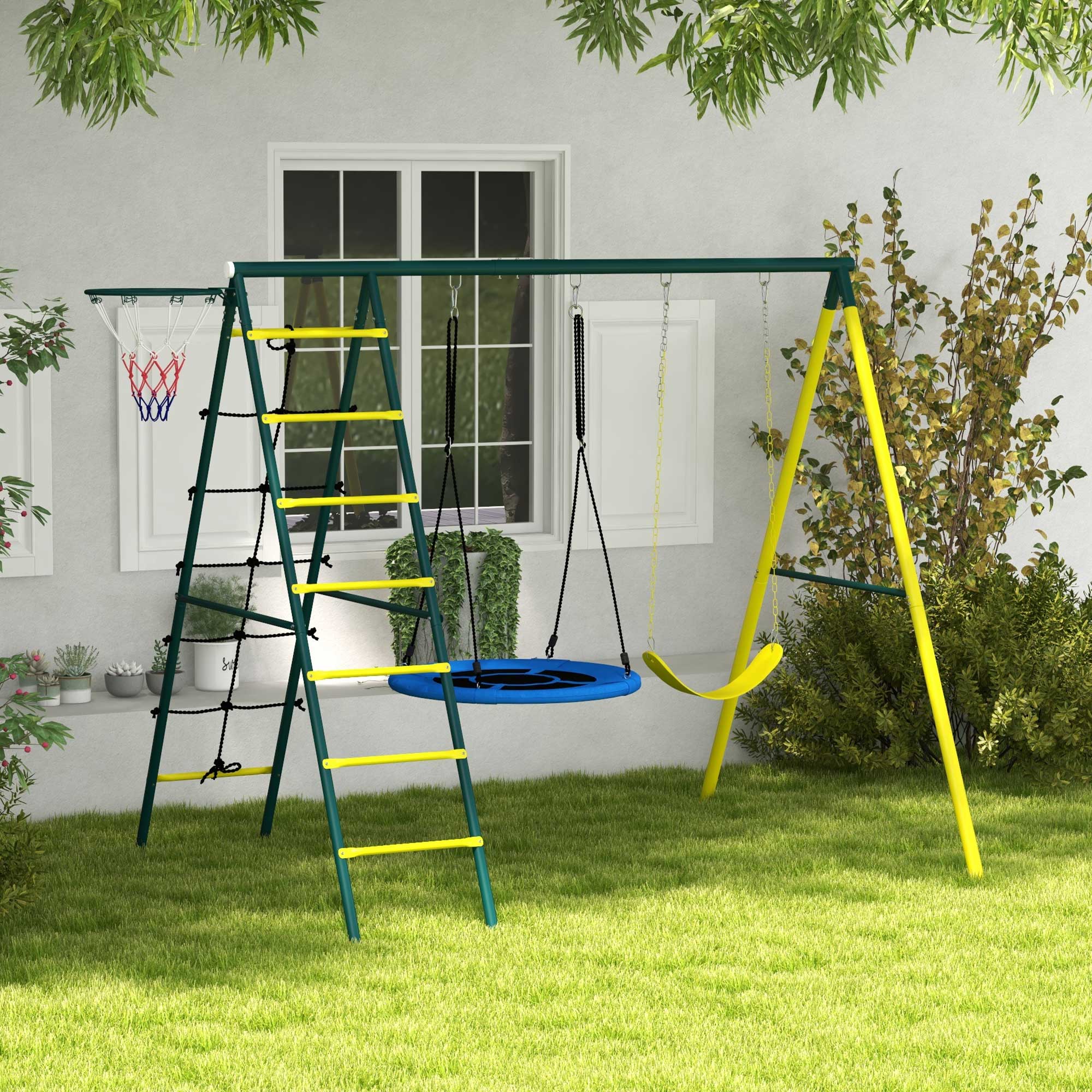 Outsunny Columpio Infantil 4 En 1 Con Columpio Nido Red Para Escalar Amarillo - Image 2