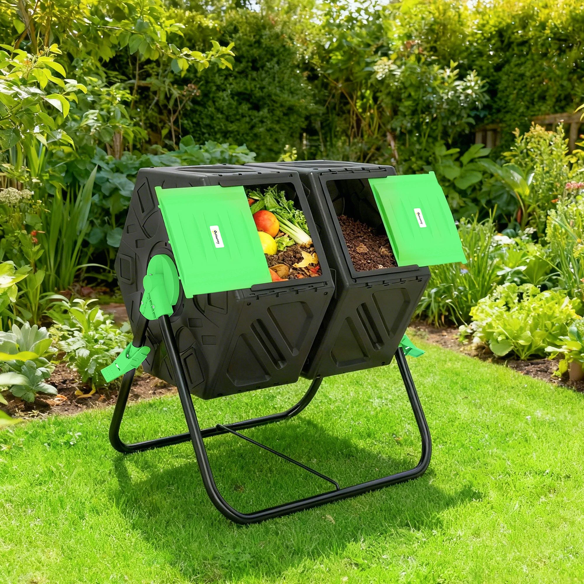 Outsunny Compostador Giratorio 130l De Doble Cámara 67x60x77 Cm Negro - Image 4