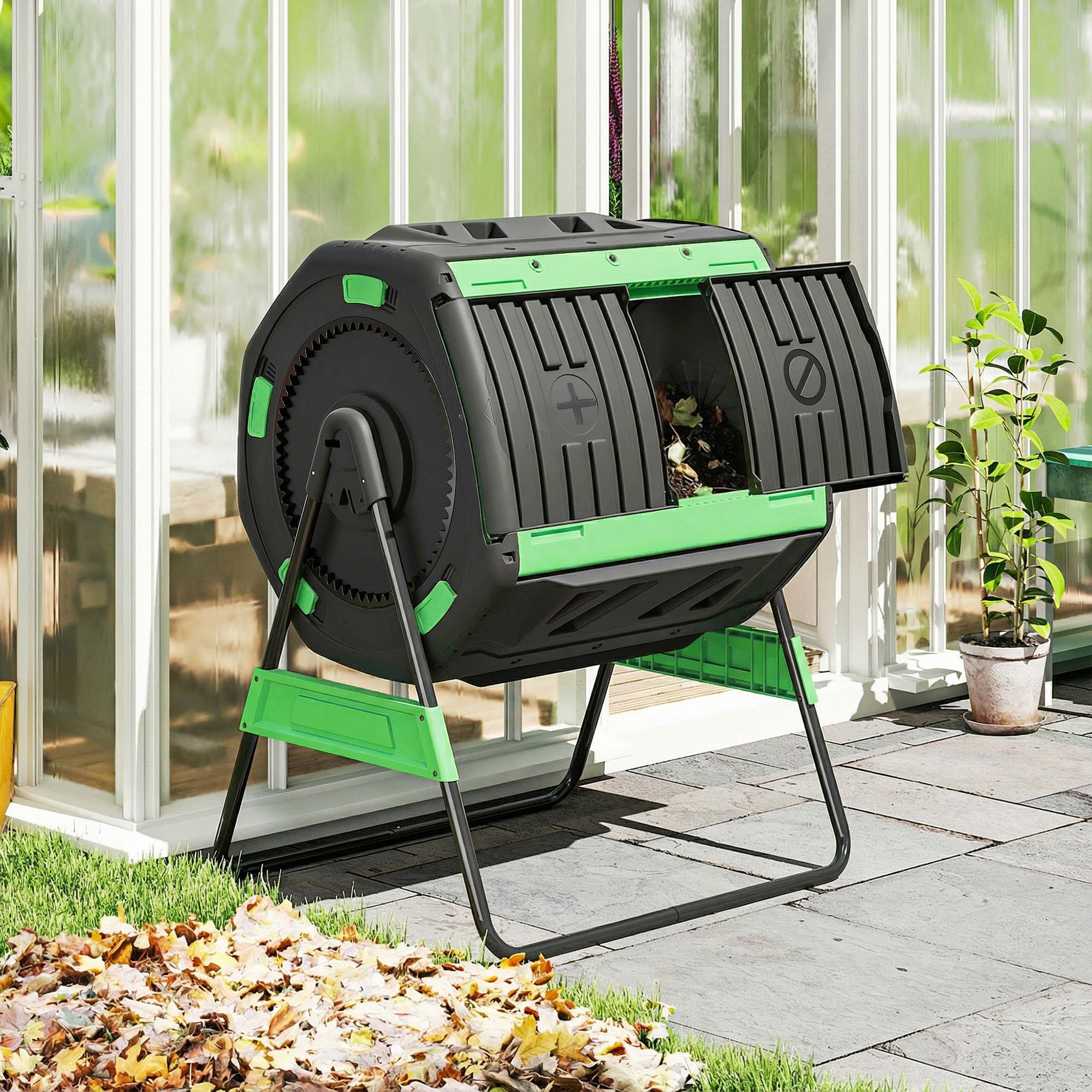 Outsunny Compostador Giratorio De 200l Doble Cámara Sin Bpa Verde - Image 2