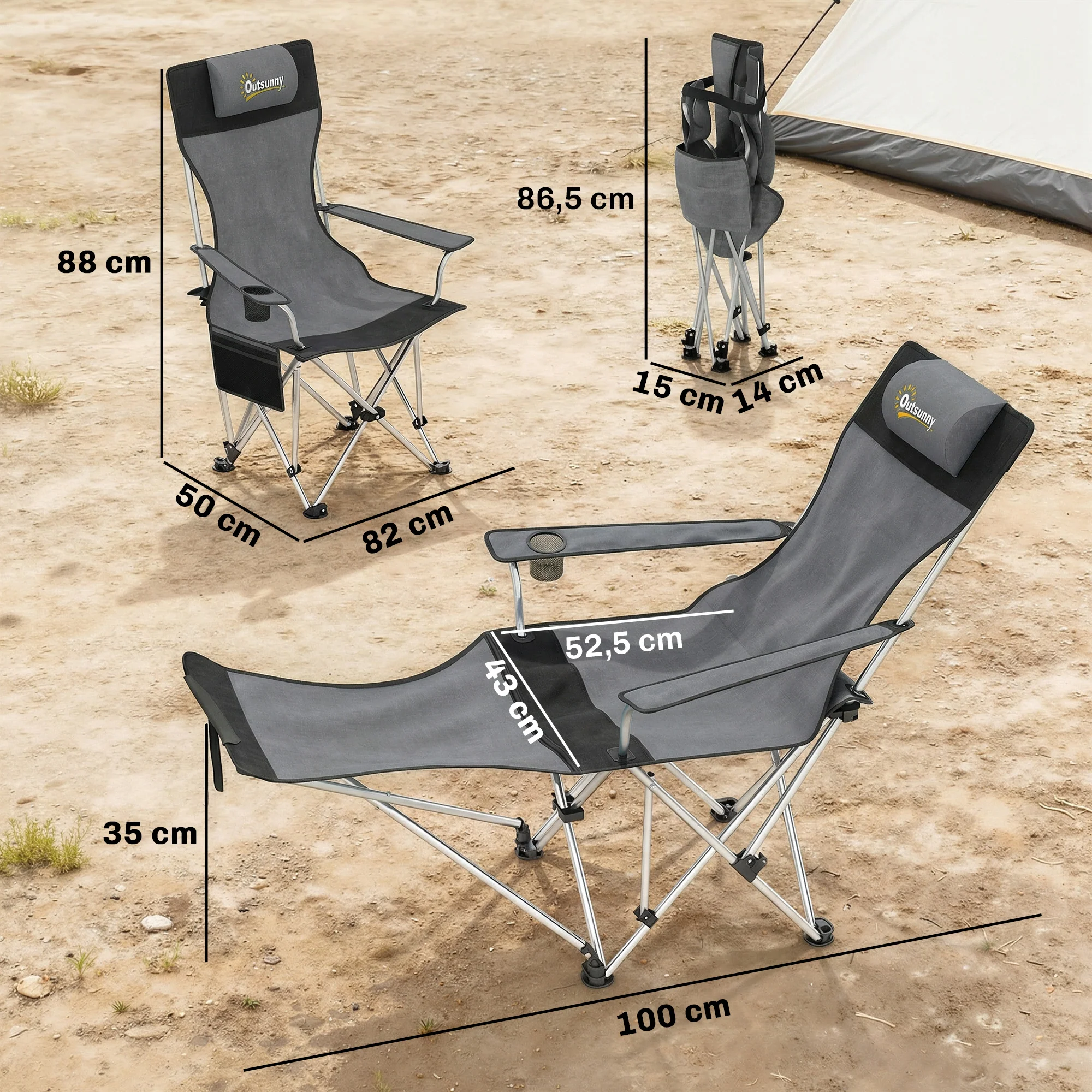 Outsunny Conjunto De 2 Sillas Plegables Camping Con Reposapiés Desmontable Gris - Image 3