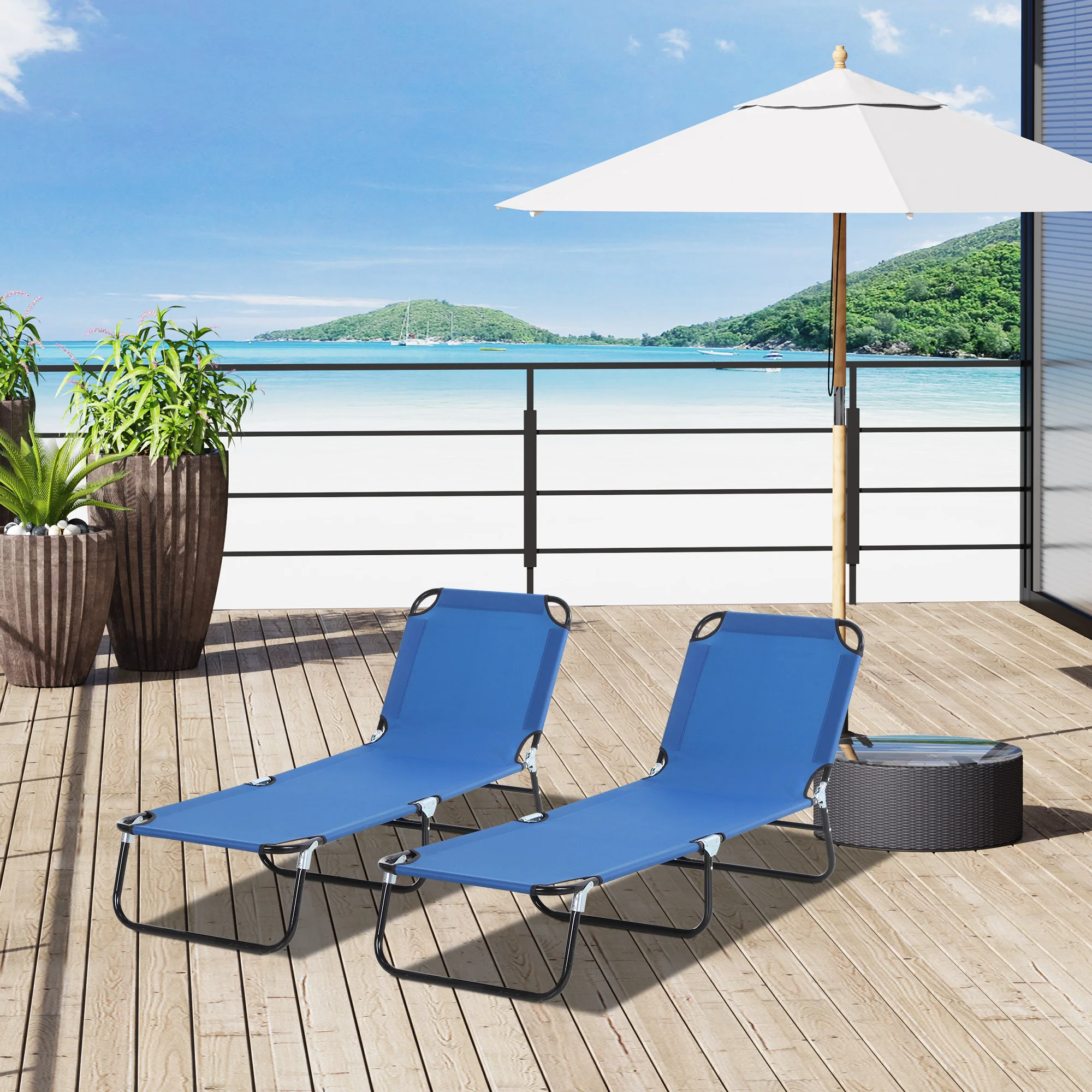Outsunny Conjunto De 2 Tumbonas Plegables Con Respaldo 188x56x28 Cm Azul - Image 2