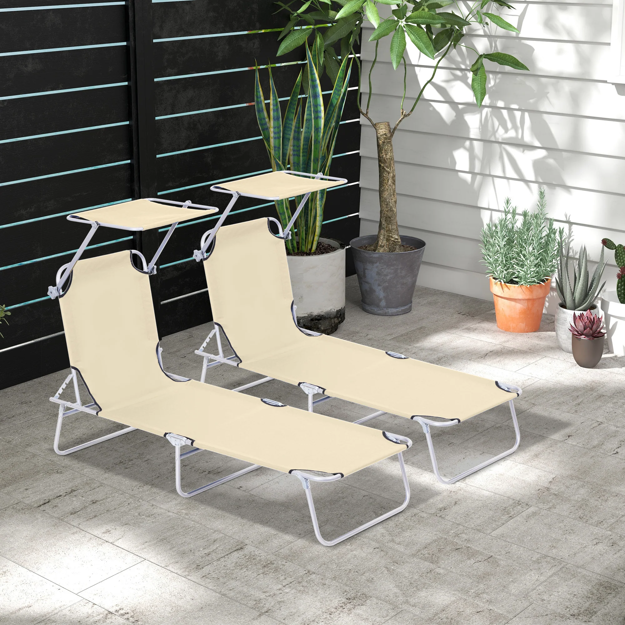 Outsunny Conjunto De 2 Tumbonas Plegables Con Toldo 187x58x36 Cm Beige - Image 2