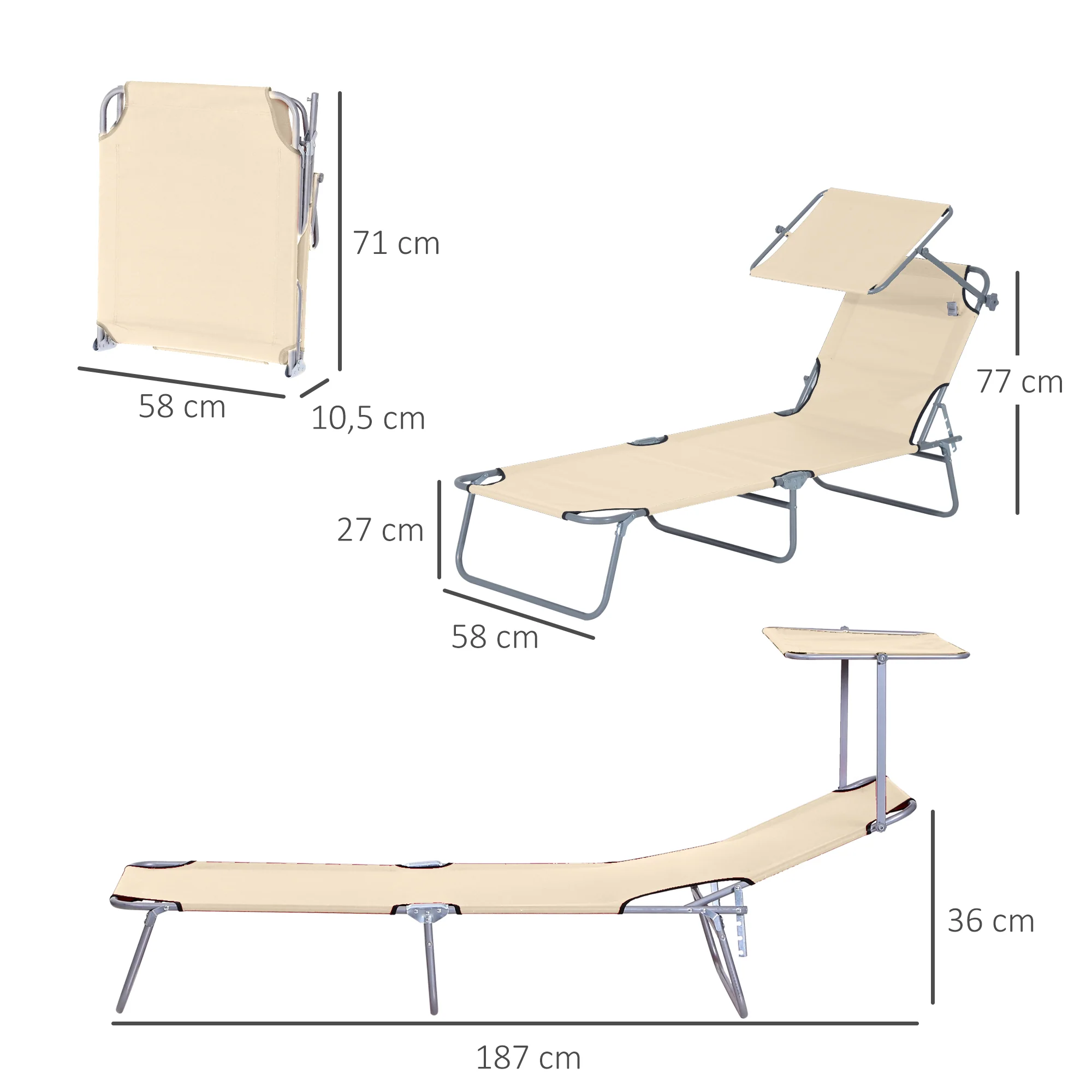 Outsunny Conjunto De 2 Tumbonas Plegables Con Toldo 187x58x36 Cm Beige - Image 3