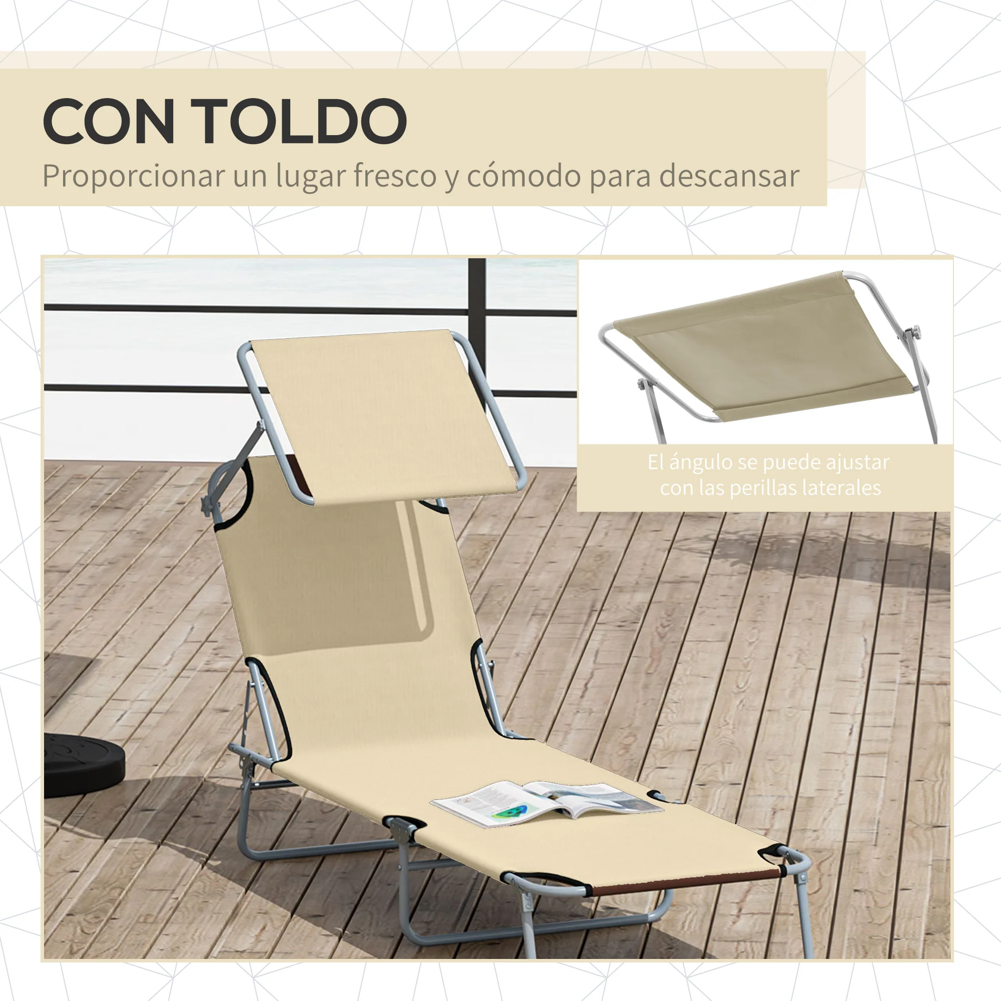 Outsunny Conjunto De 2 Tumbonas Plegables Con Toldo 187x58x36 Cm Beige - Image 6