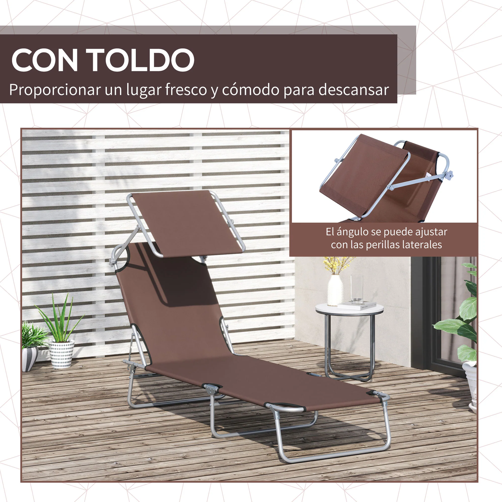 Outsunny Conjunto De 2 Tumbonas Plegables Con Toldo 187x58x36 Cm Marrón - Image 6