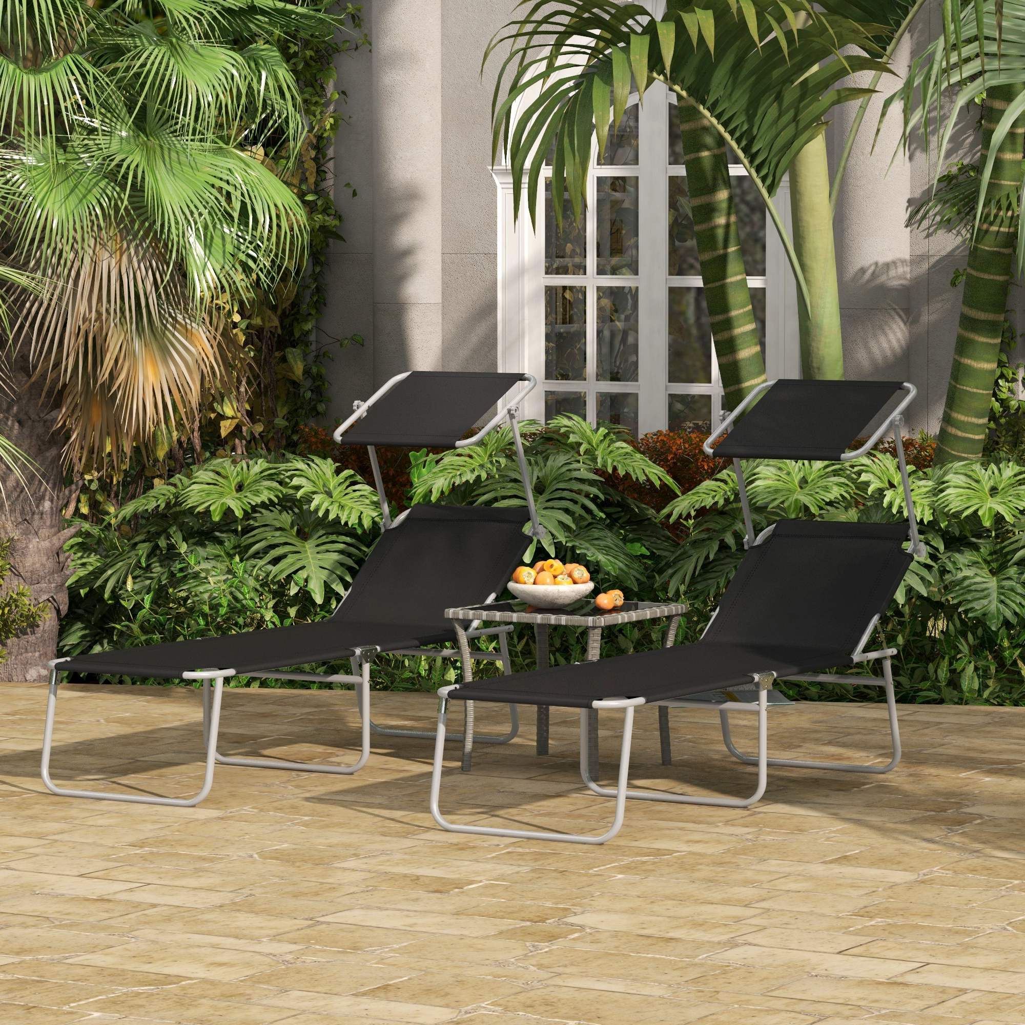 Outsunny Conjunto De 2 Tumbonas Plegables Con Toldo 187x58x36cm Negro - Image 2