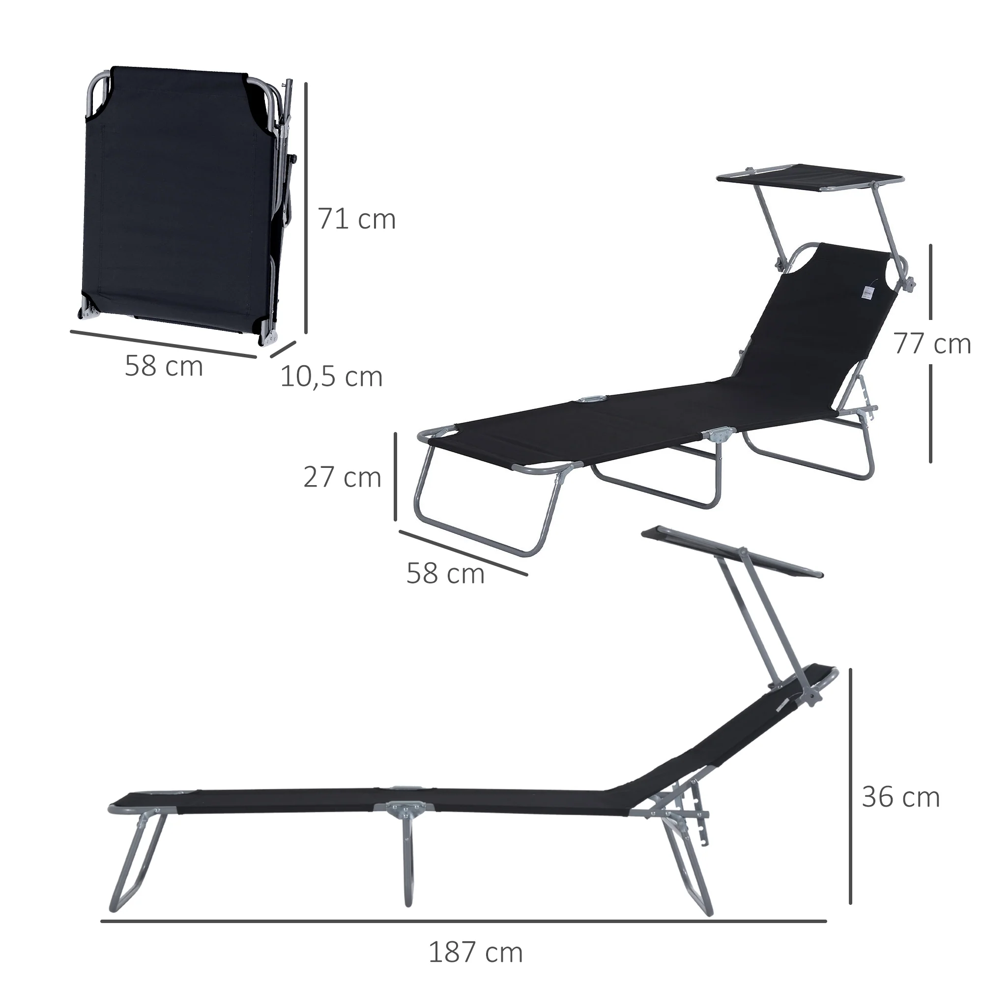 Outsunny Conjunto De 2 Tumbonas Plegables Con Toldo 187x58x36cm Negro - Image 3