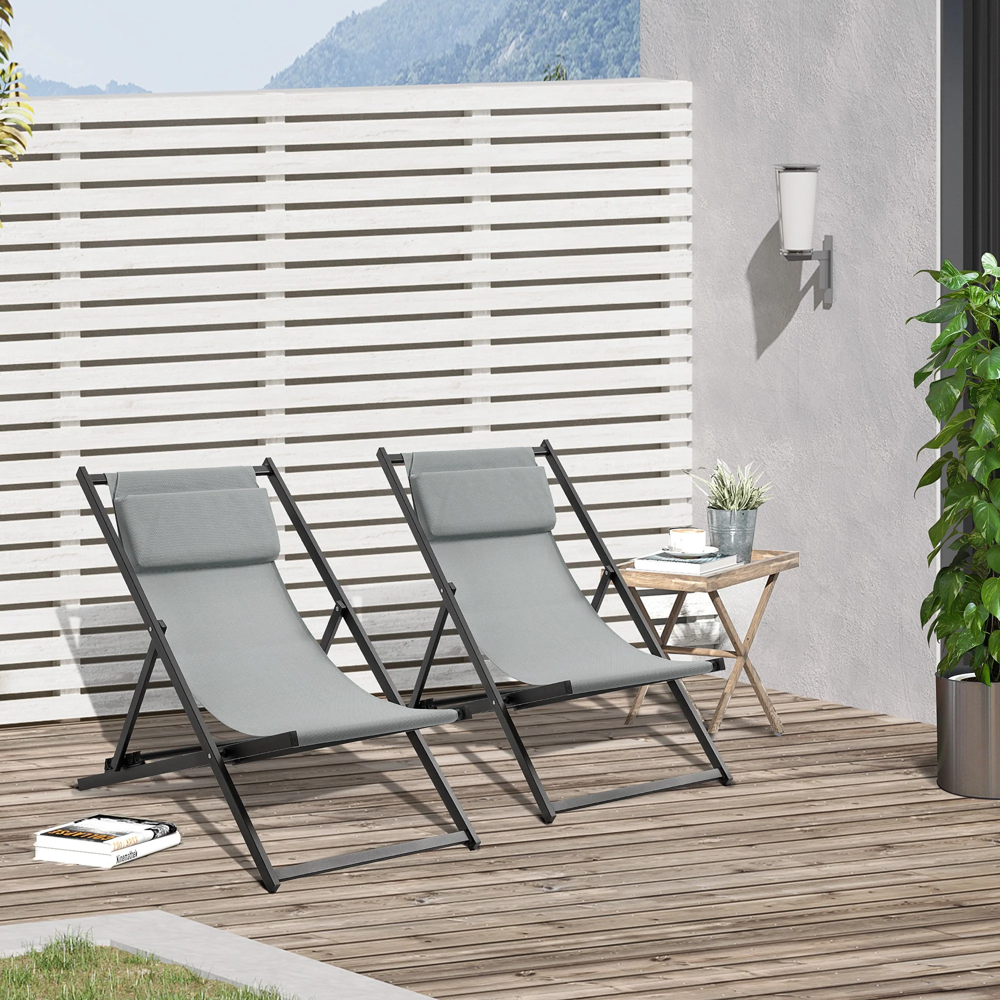 Outsunny Conjunto De 2 Tumbonas Plegables De Aluminio 58x96,5x91,5 Cm Gris - Image 2