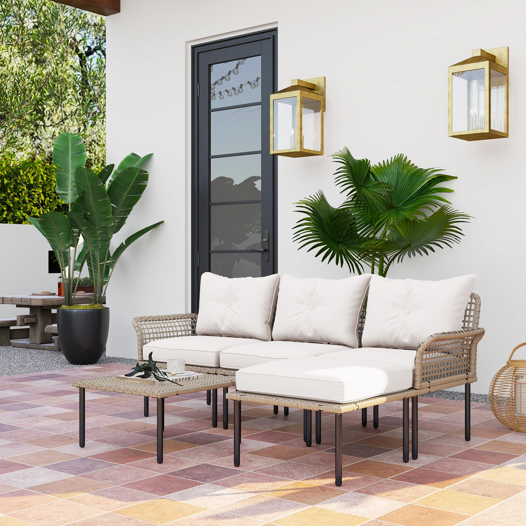 Outsunny Conjunto De Jardín De Ratán Sintético De 5 Piezas Crema - Image 2