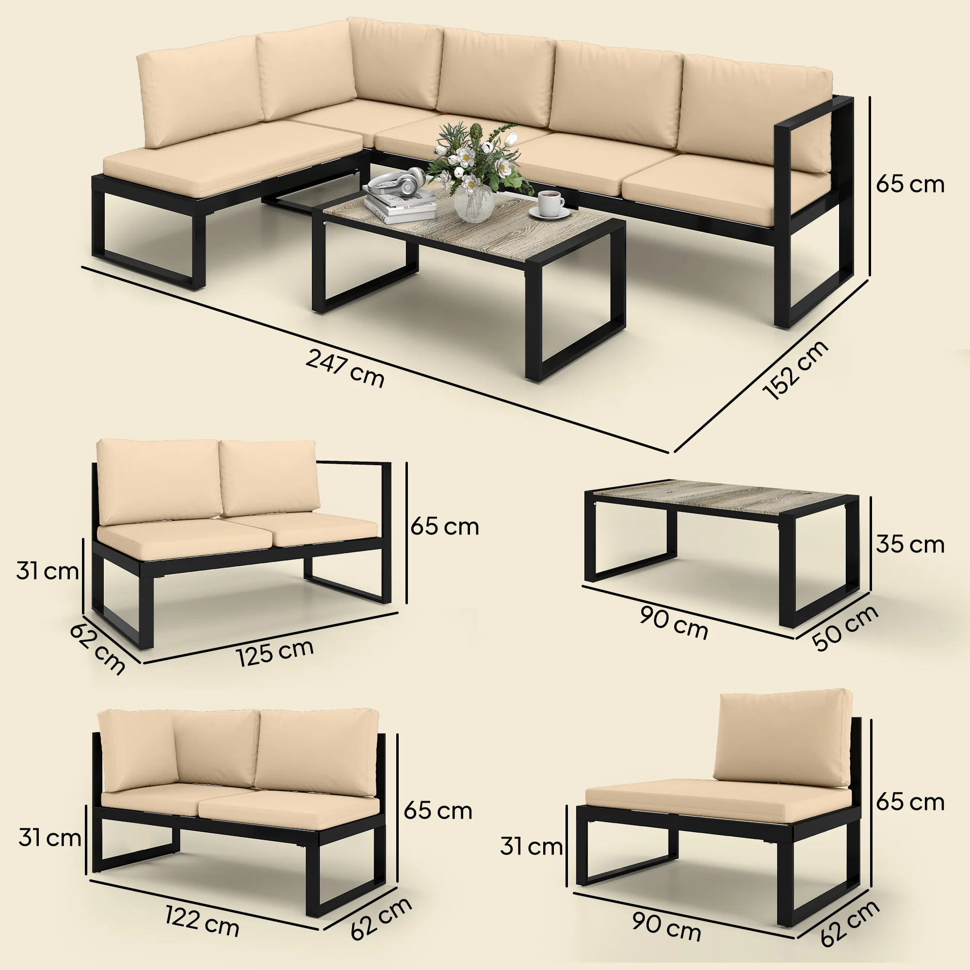 Outsunny Conjunto De Jardín Exterior 2 Sofás De 2 Plazas 1 Sillón Y Mesa Caqui - Image 3