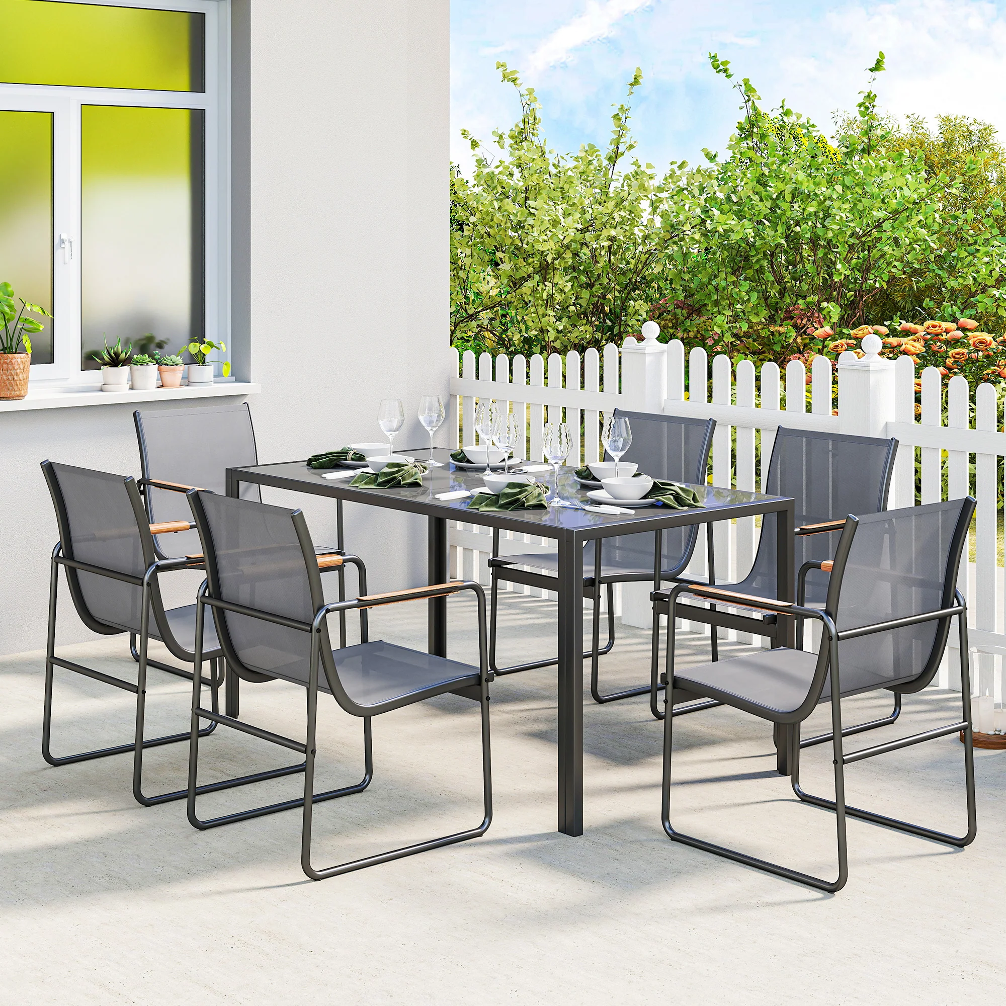 Outsunny Conjunto De Mesa Y Sillas Jardín De 7 Piezas Con Sillas Transpirables - Image 2