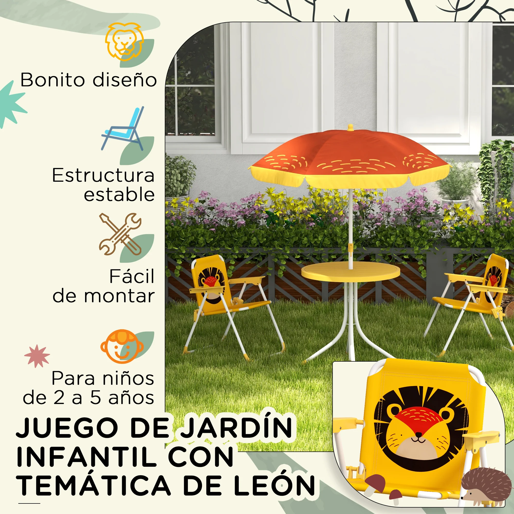 Outsunny Conjunto De Mesa Y Sillas Para Exterior Infantil Con Sombrilla Amarillo - Image 6