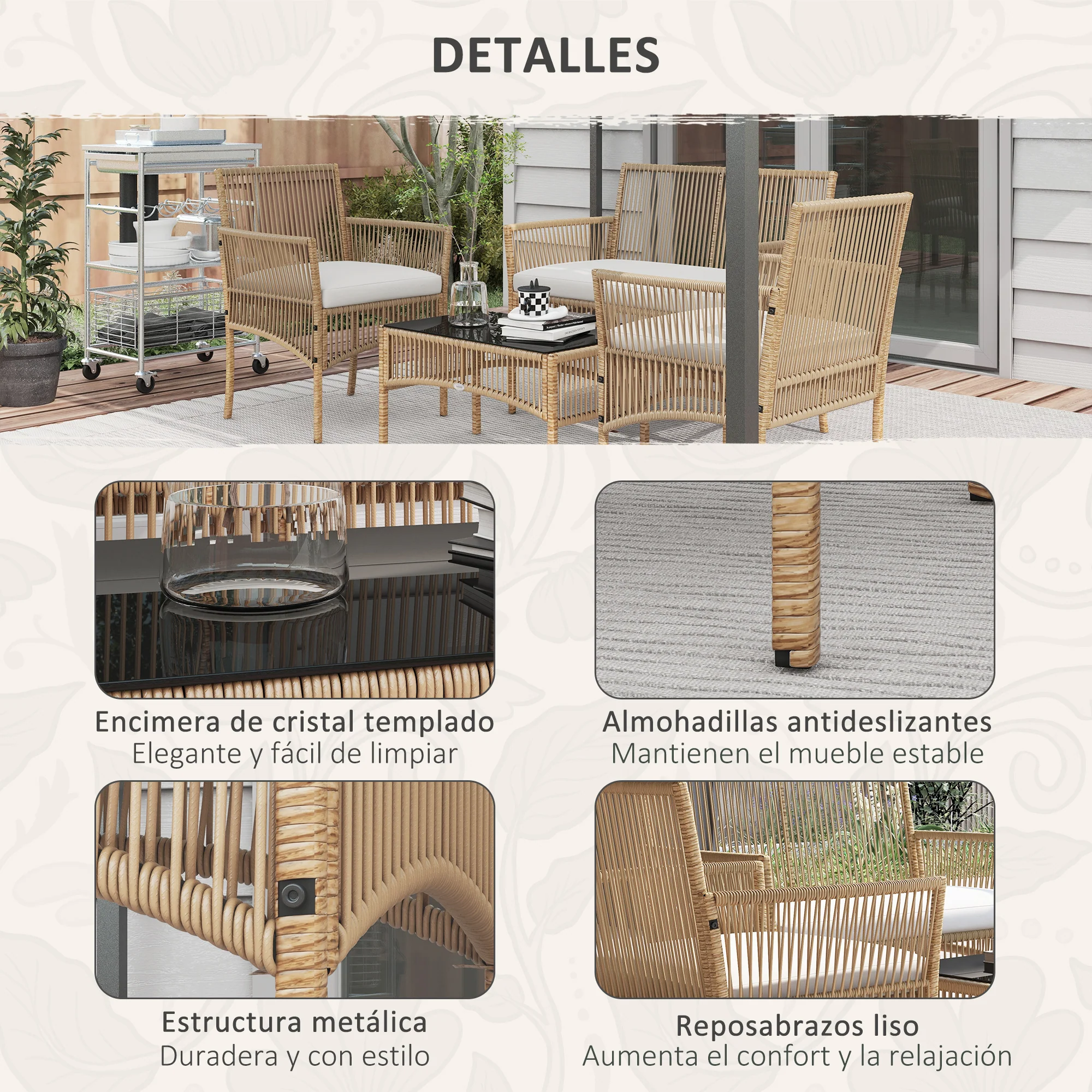 Outsunny Conjunto De Muebles De Jardín De Ratán Juego De 4 Piezas Beige - Image 6