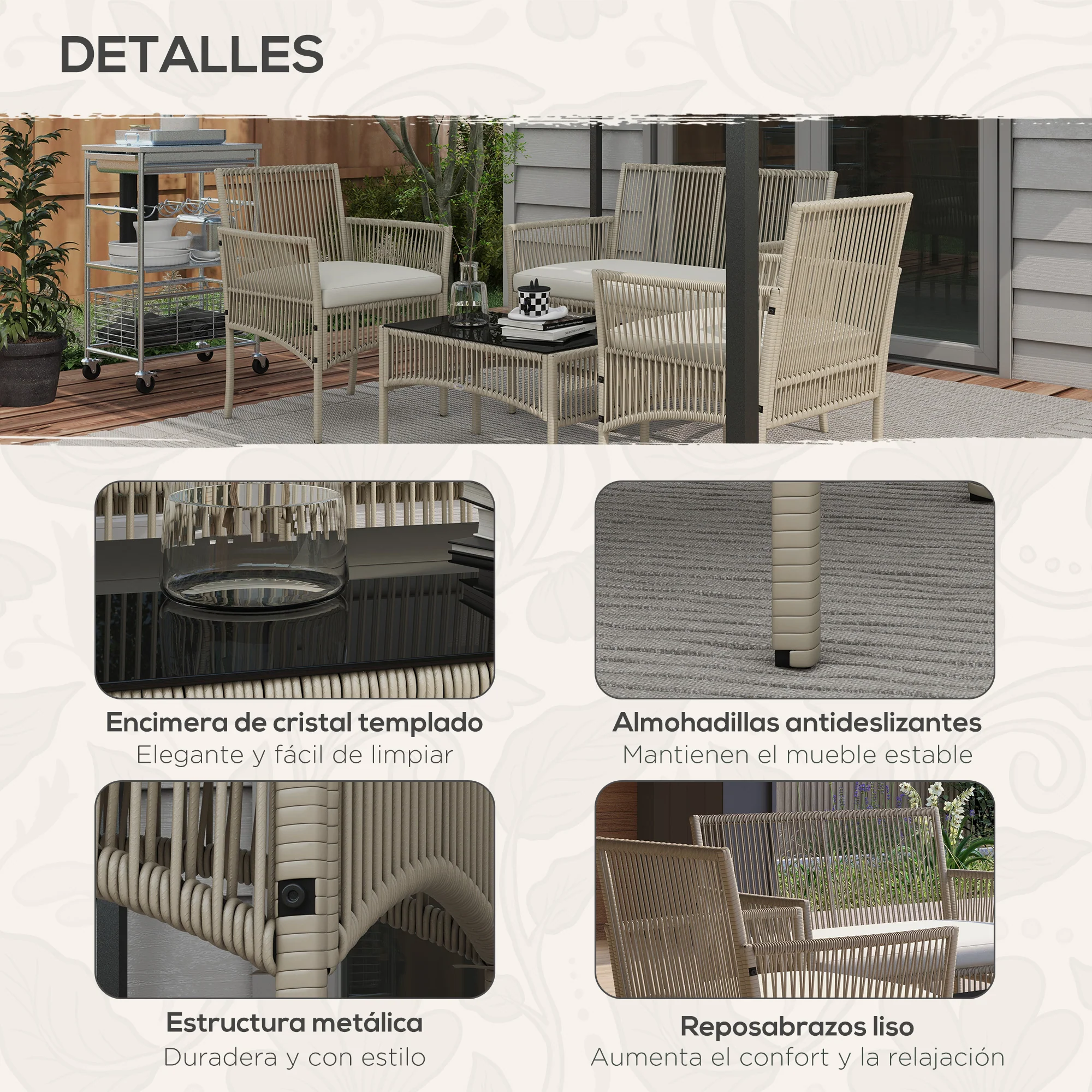 Outsunny Conjunto De Muebles De Jardín De Ratán Juego De 4 Piezas Caqui - Image 6