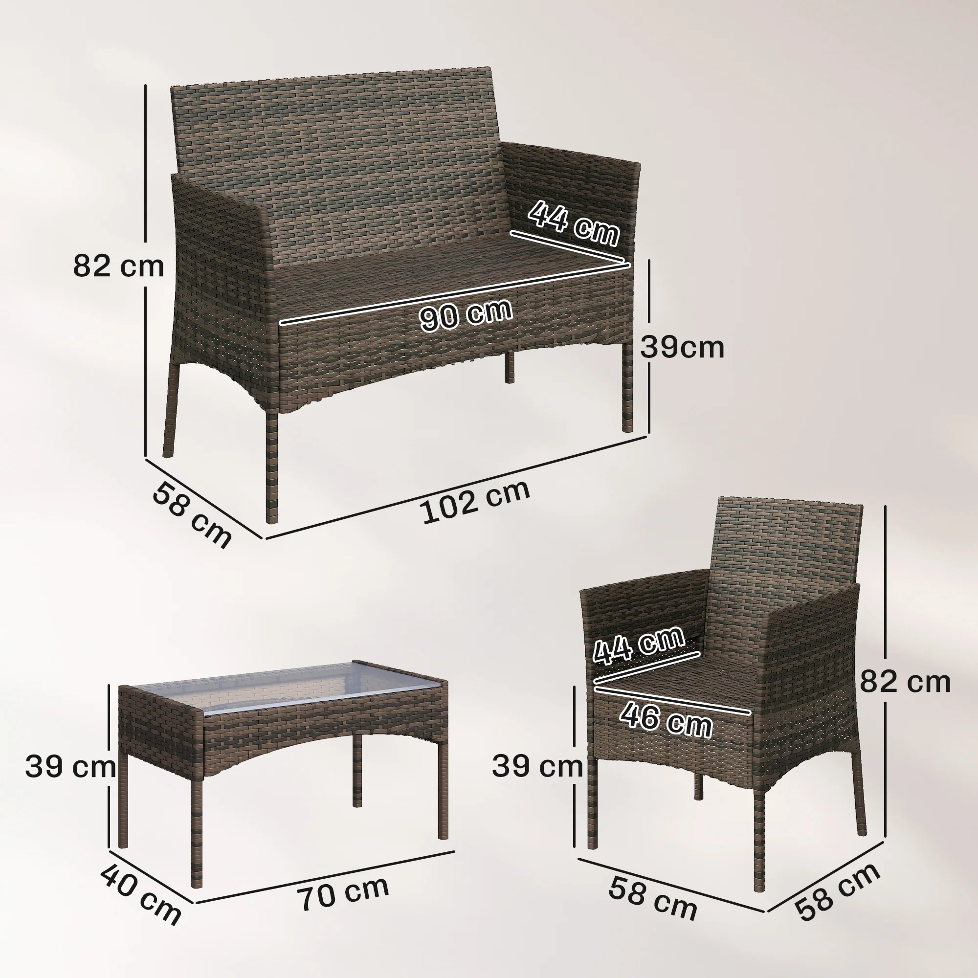 Outsunny Conjunto Jardín Exterior De Ratán Sintético Con Cojines Marrón - Image 3