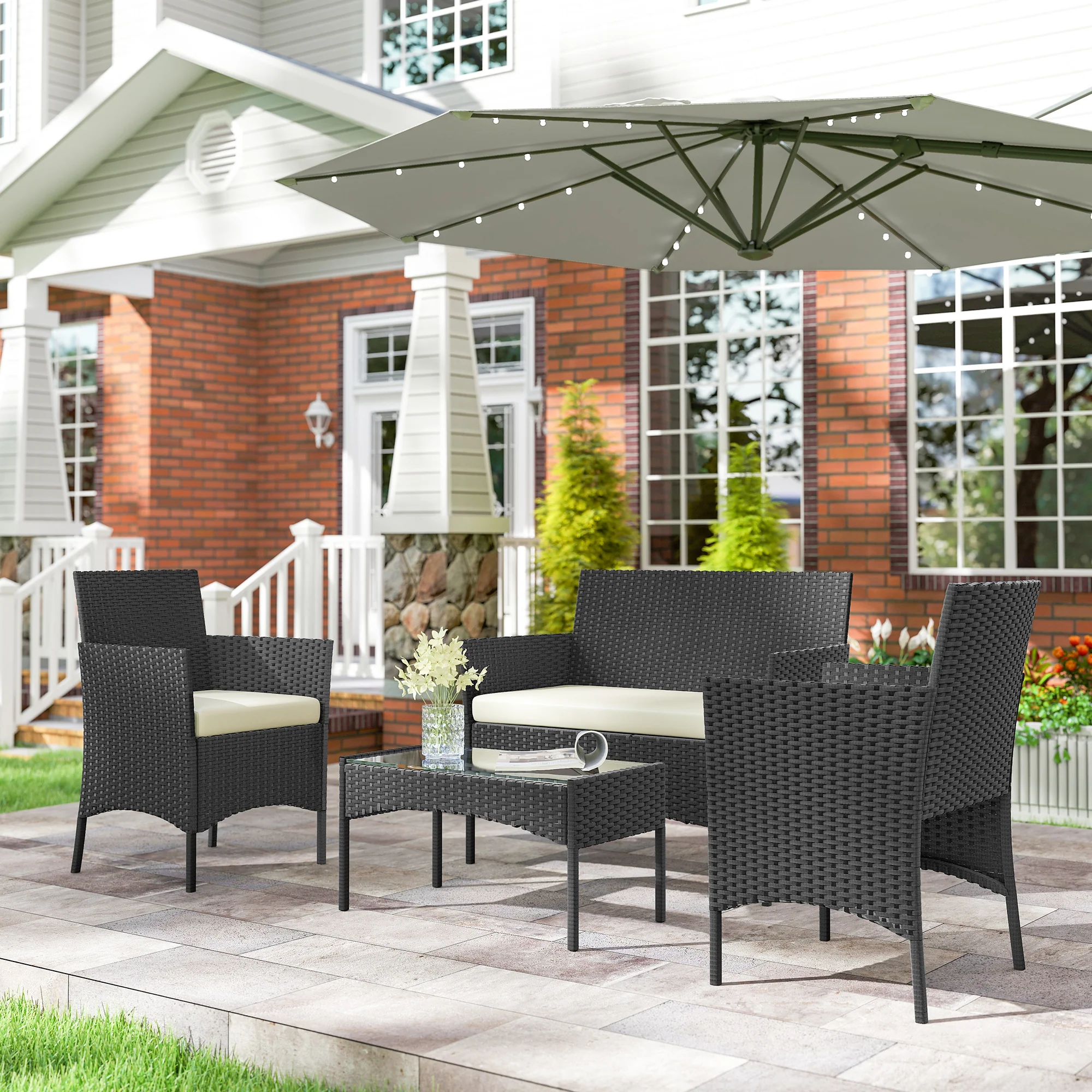 Outsunny Conjunto Jardín Exterior De Ratán Sintético Con Cojines Negro Y Crema - Image 2