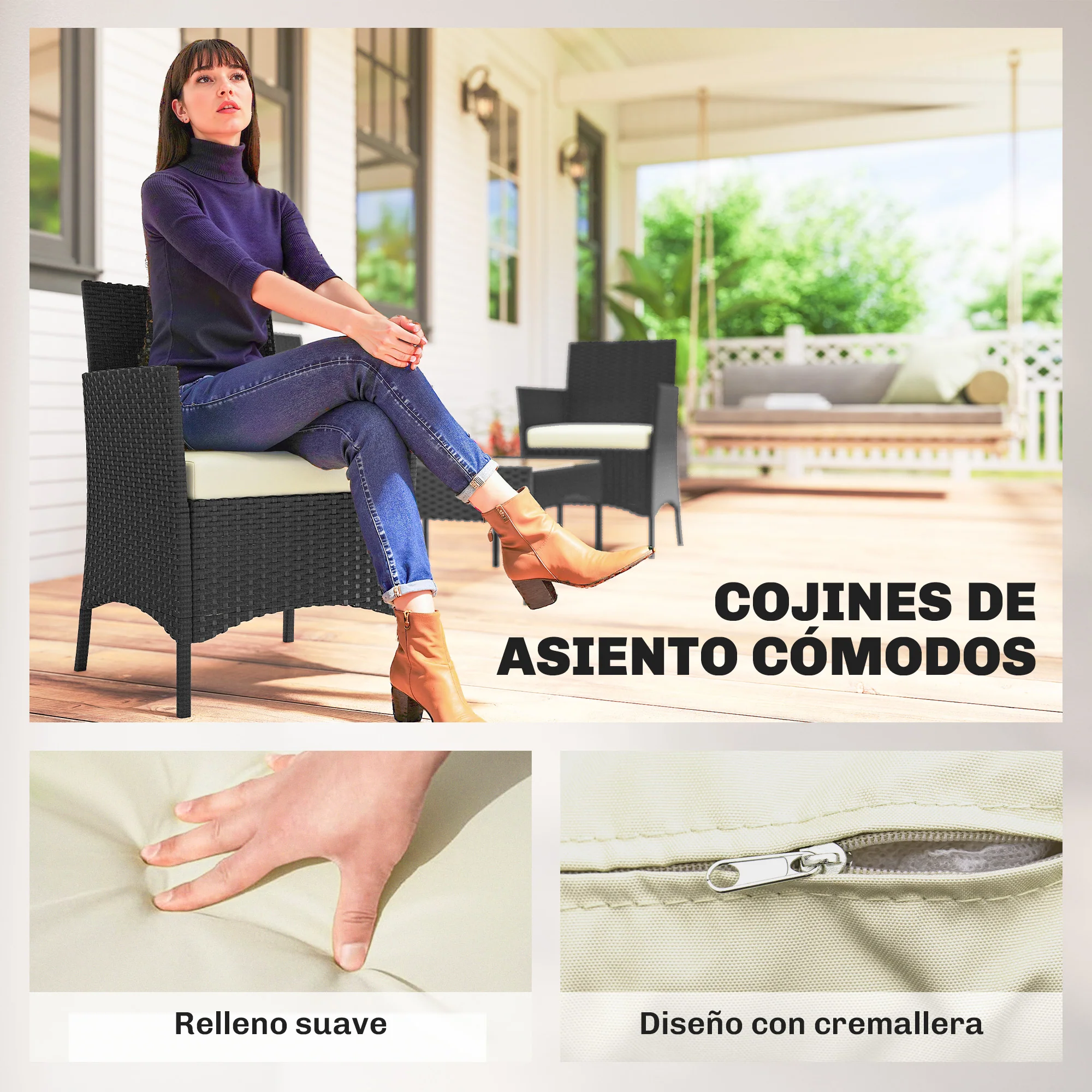 Outsunny Conjunto Jardín Exterior De Ratán Sintético Con Cojines Negro Y Crema - Image 6