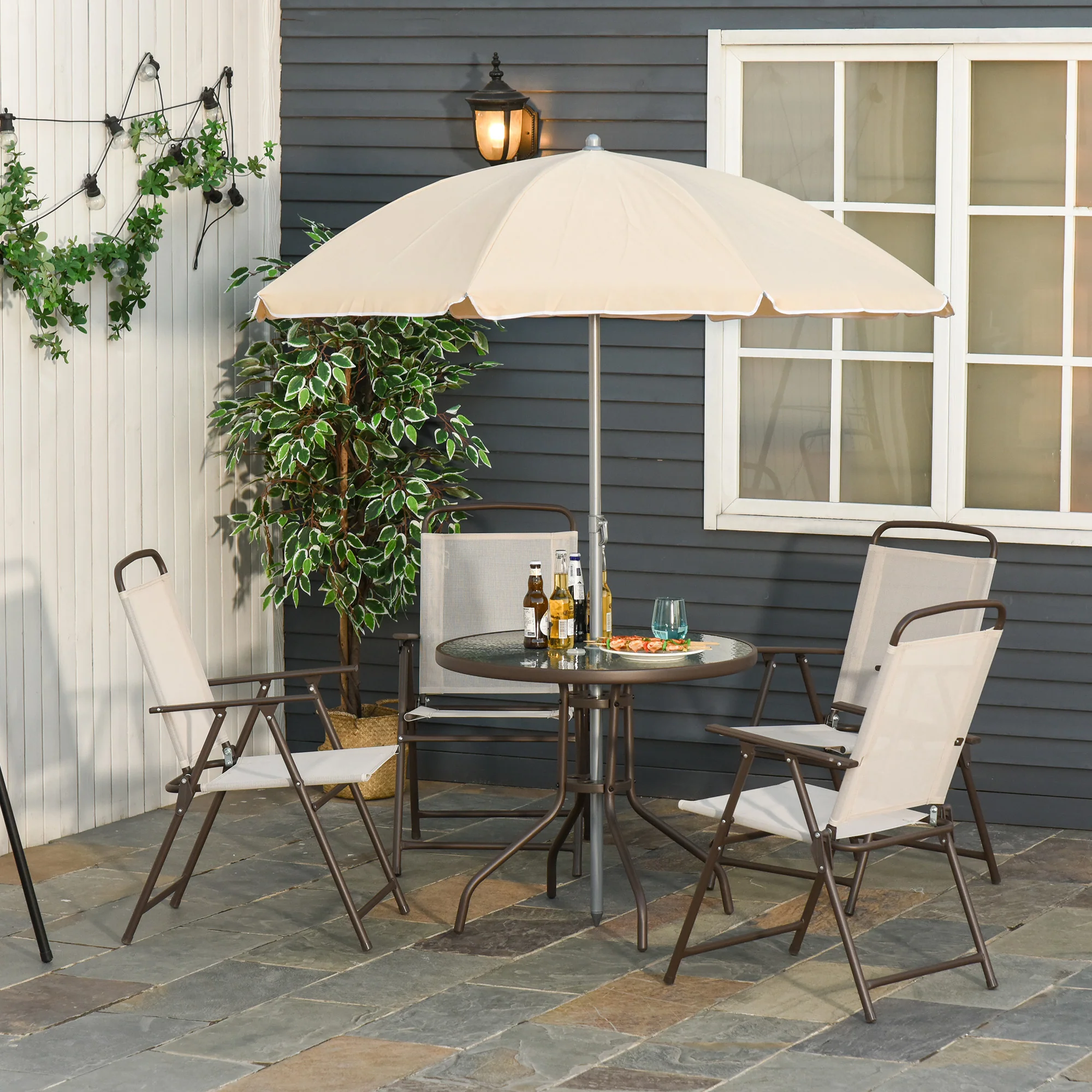 Outsunny Conjunto Muebles Jardin 4 Sillas Mesa De Comedor Redonda Sombrilla - Image 2