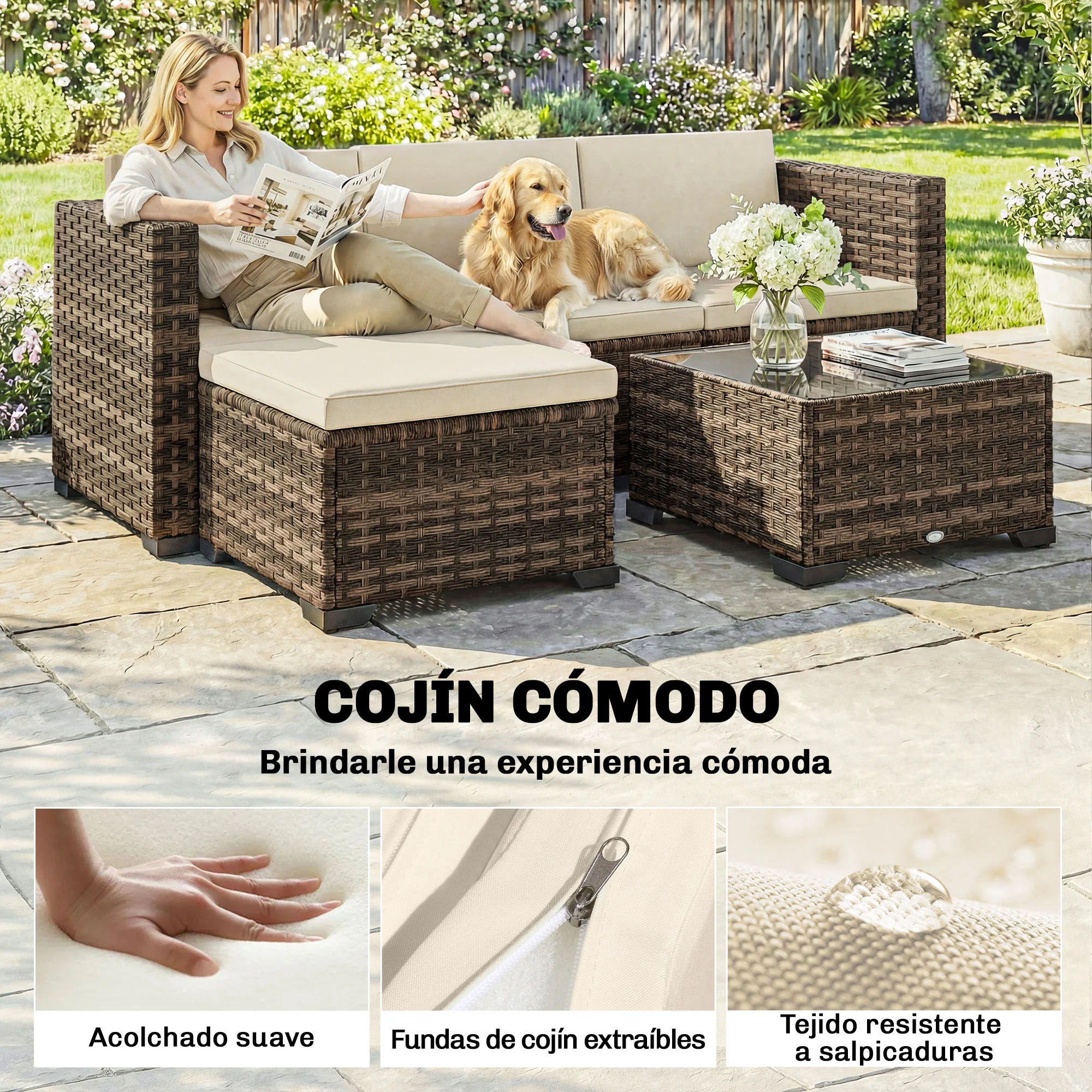 Outsunny Conjunto Muebles Jardín Exterior De Ratán 5 Piezas Cojines Caqui - Image 6