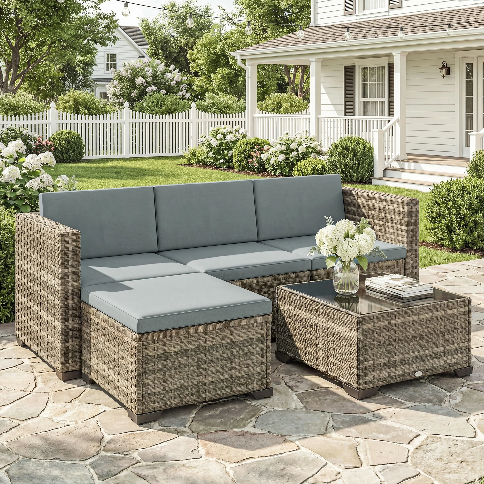 Outsunny Conjunto Muebles Jardín Exterior De Ratán 5 Piezas Cojines Gris Claro - Image 2
