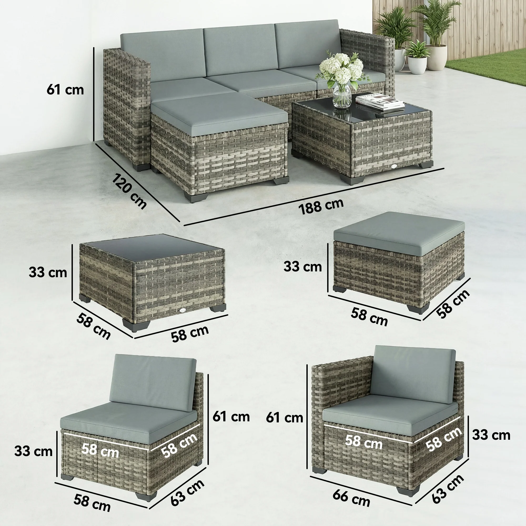 Outsunny Conjunto Muebles Jardín Exterior De Ratán 5 Piezas Cojines Gris Claro - Image 3