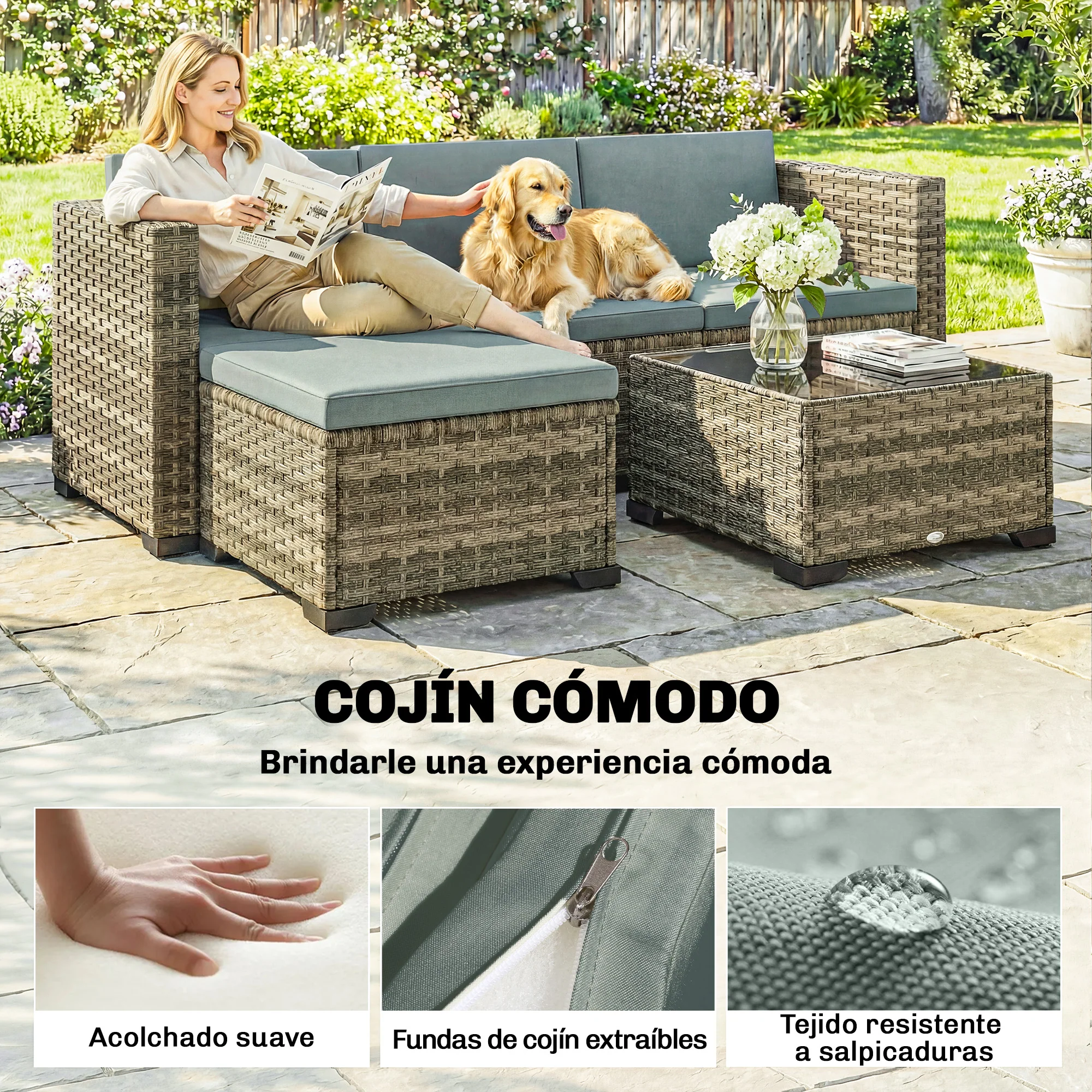 Outsunny Conjunto Muebles Jardín Exterior De Ratán 5 Piezas Cojines Gris Claro - Image 6