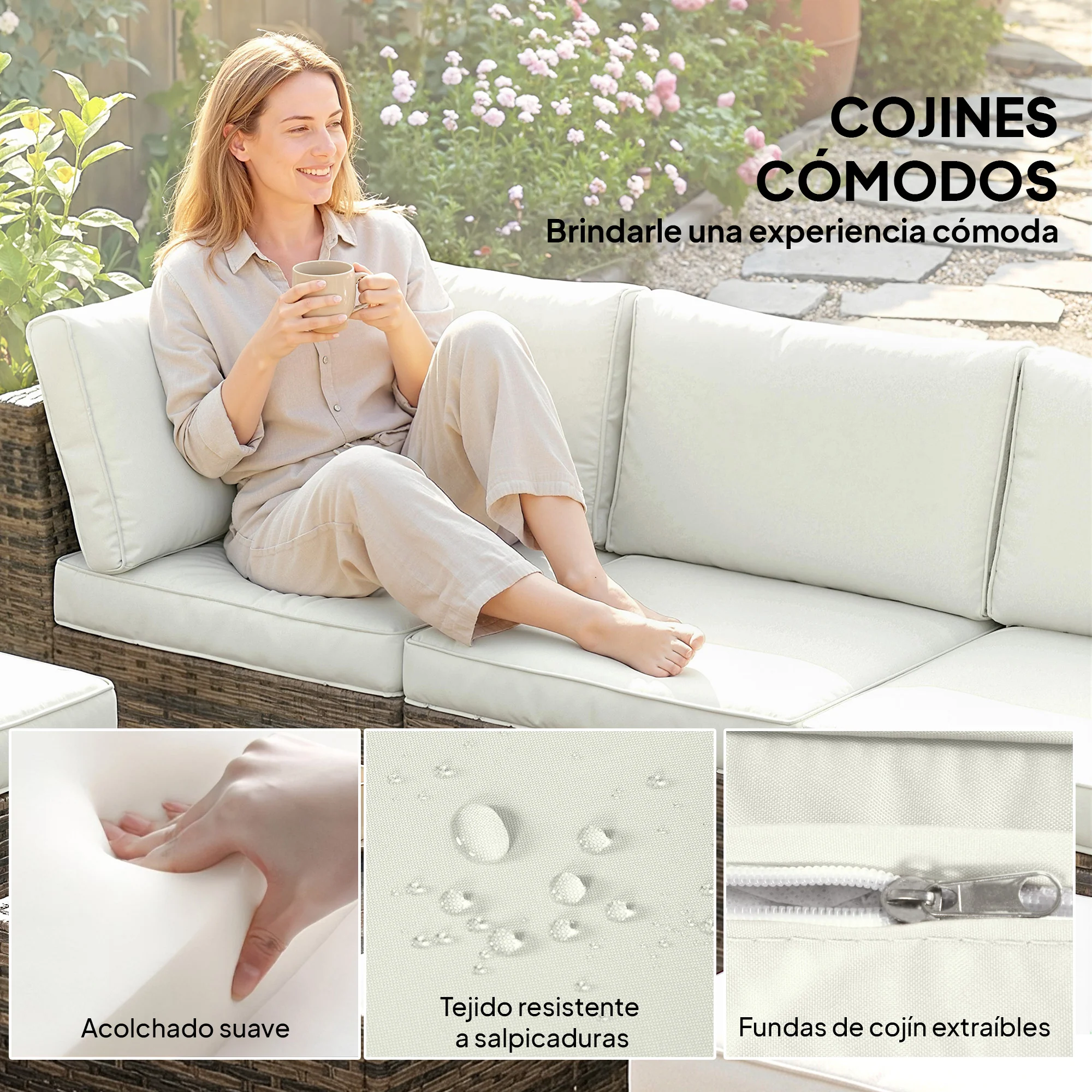 Outsunny Conjunto Muebles Jardín Exterior De Ratán 6 Piezas Cojines Amarillo - Image 6