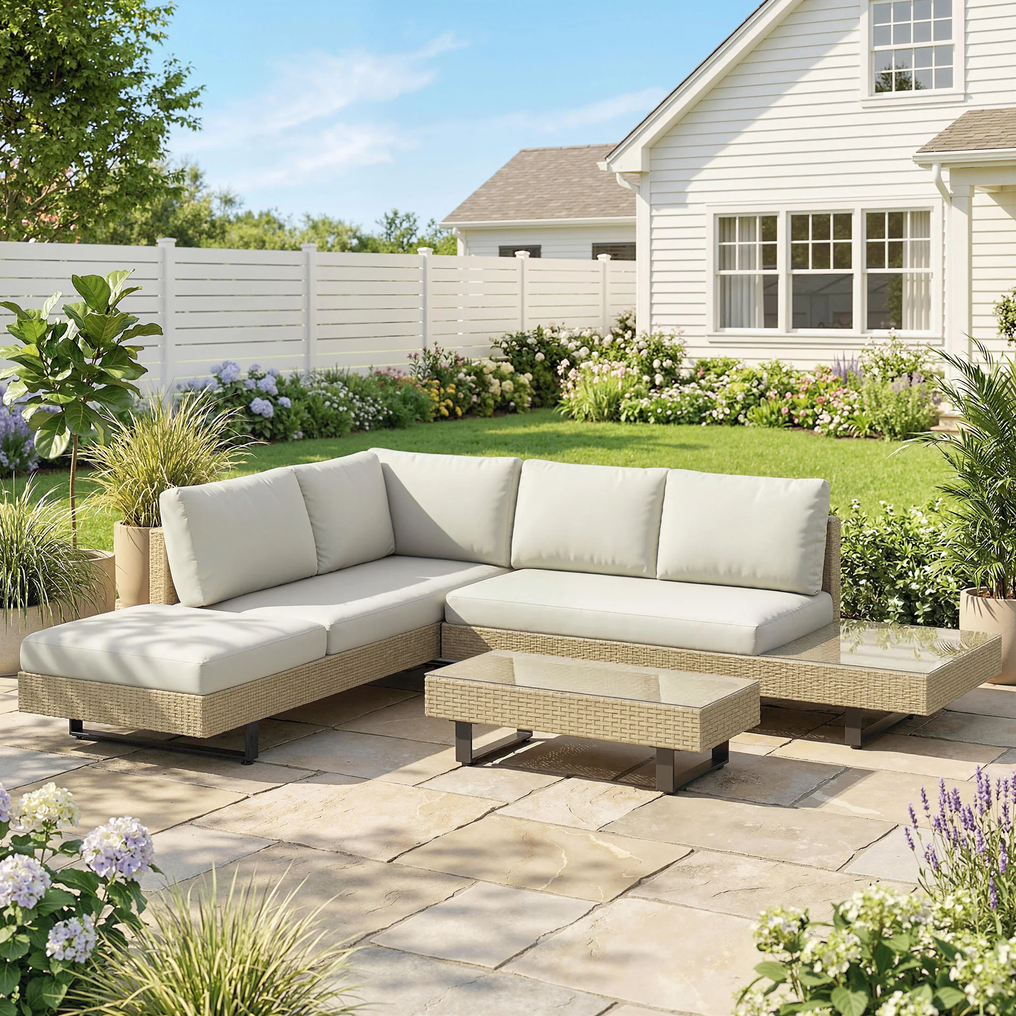 Outsunny Conjunto Muebles Jardín Exterior De Ratán De 3 Piezas Cojines Beige - Image 2