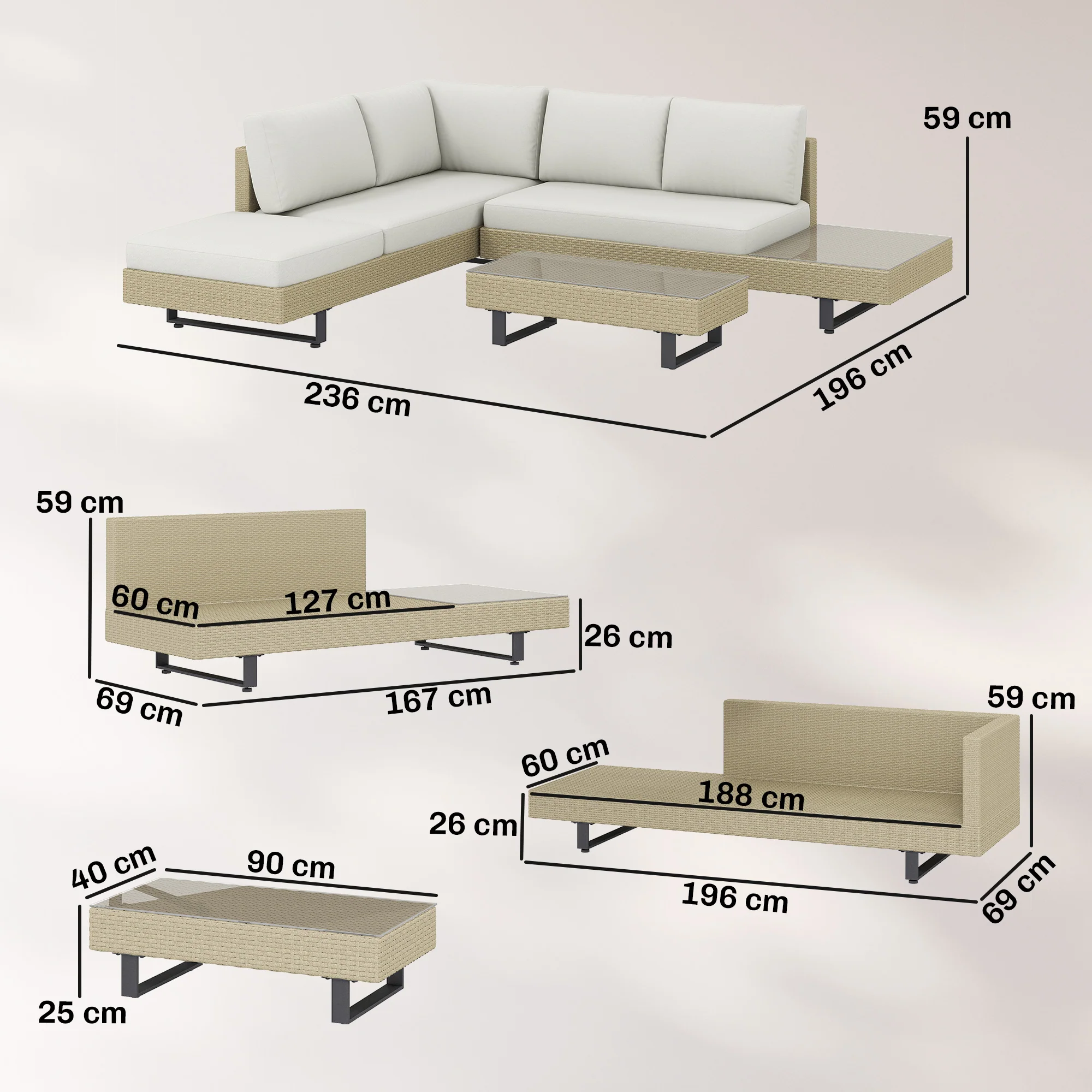 Outsunny Conjunto Muebles Jardín Exterior De Ratán De 3 Piezas Cojines Beige - Image 3